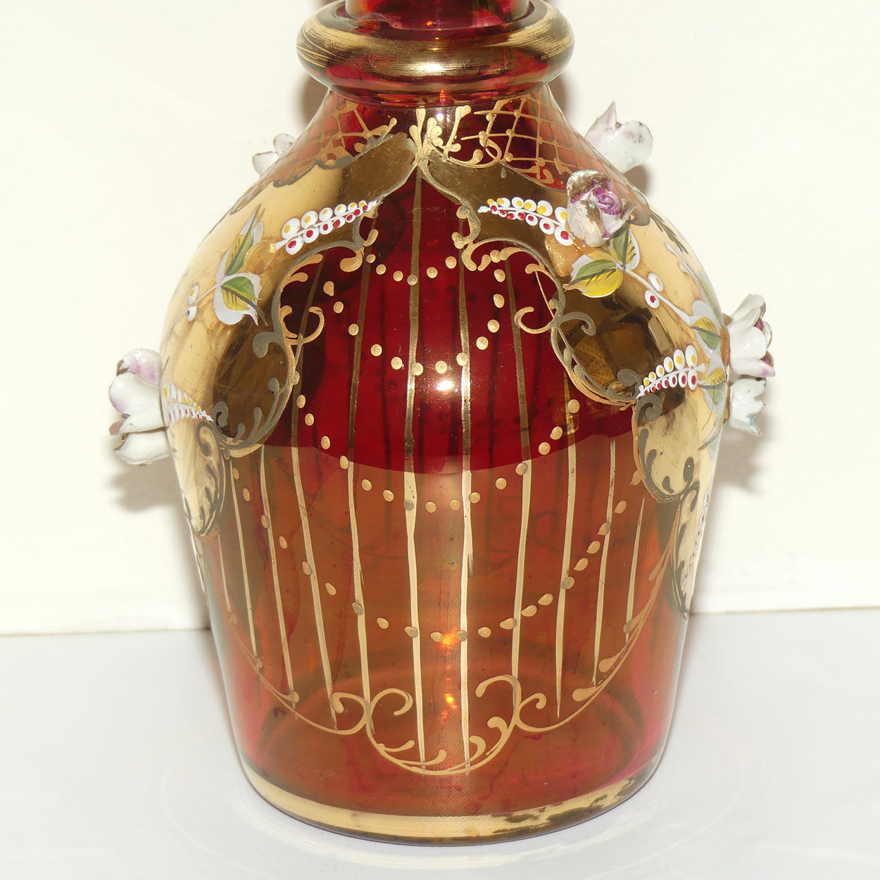 Large Bohemian Glass Hand Painted and Floral Encrusted decanter | 48cm tall | #2