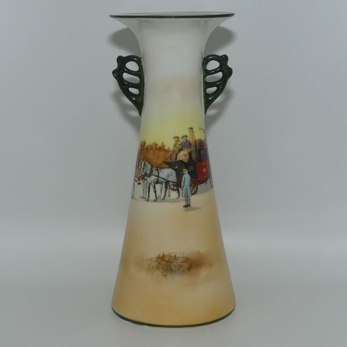 Royal Doulton Coaching Days tall flared mouth twin fancy handle vase E3804