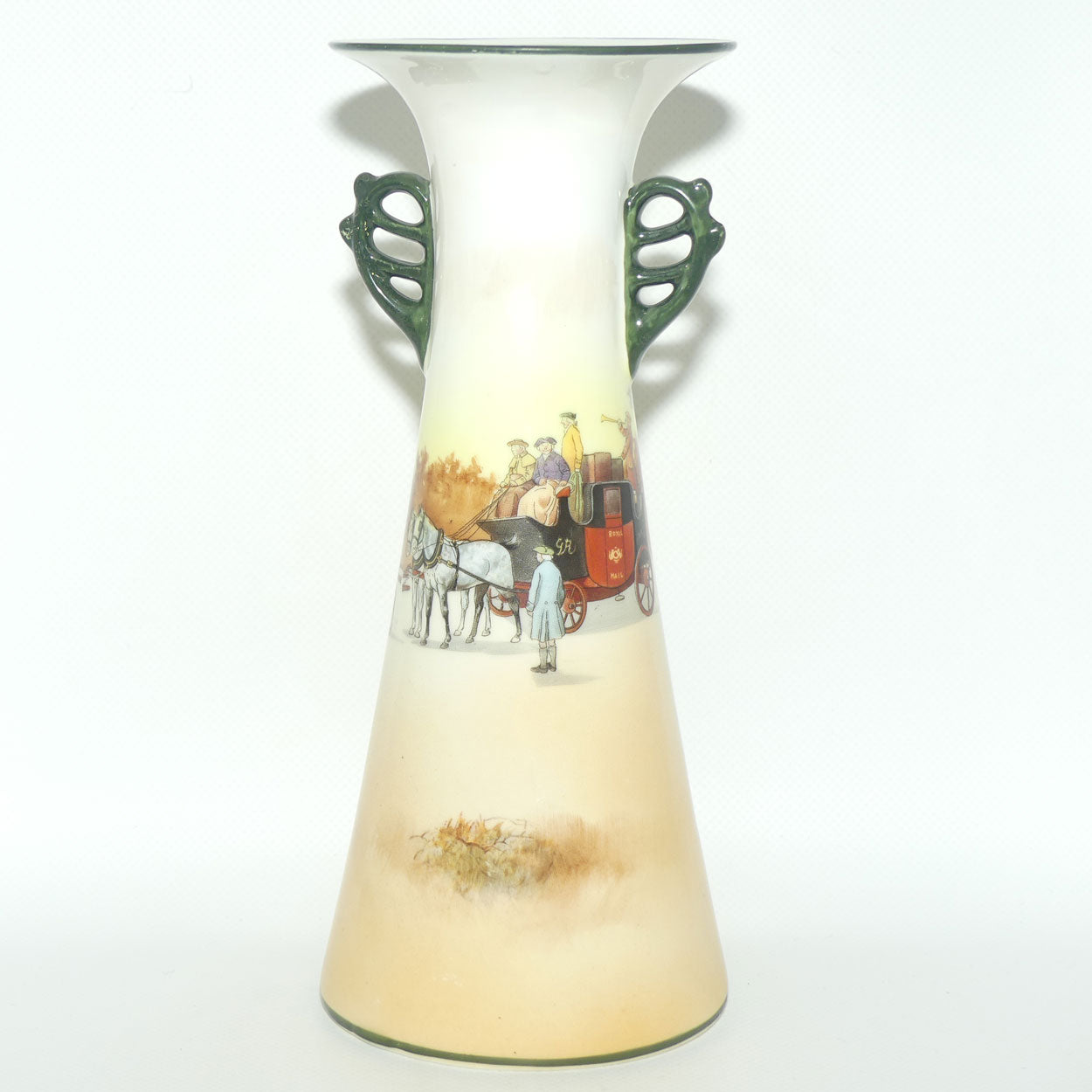 Royal Doulton Coaching Days tall flared mouth twin fancy handle vase E3804