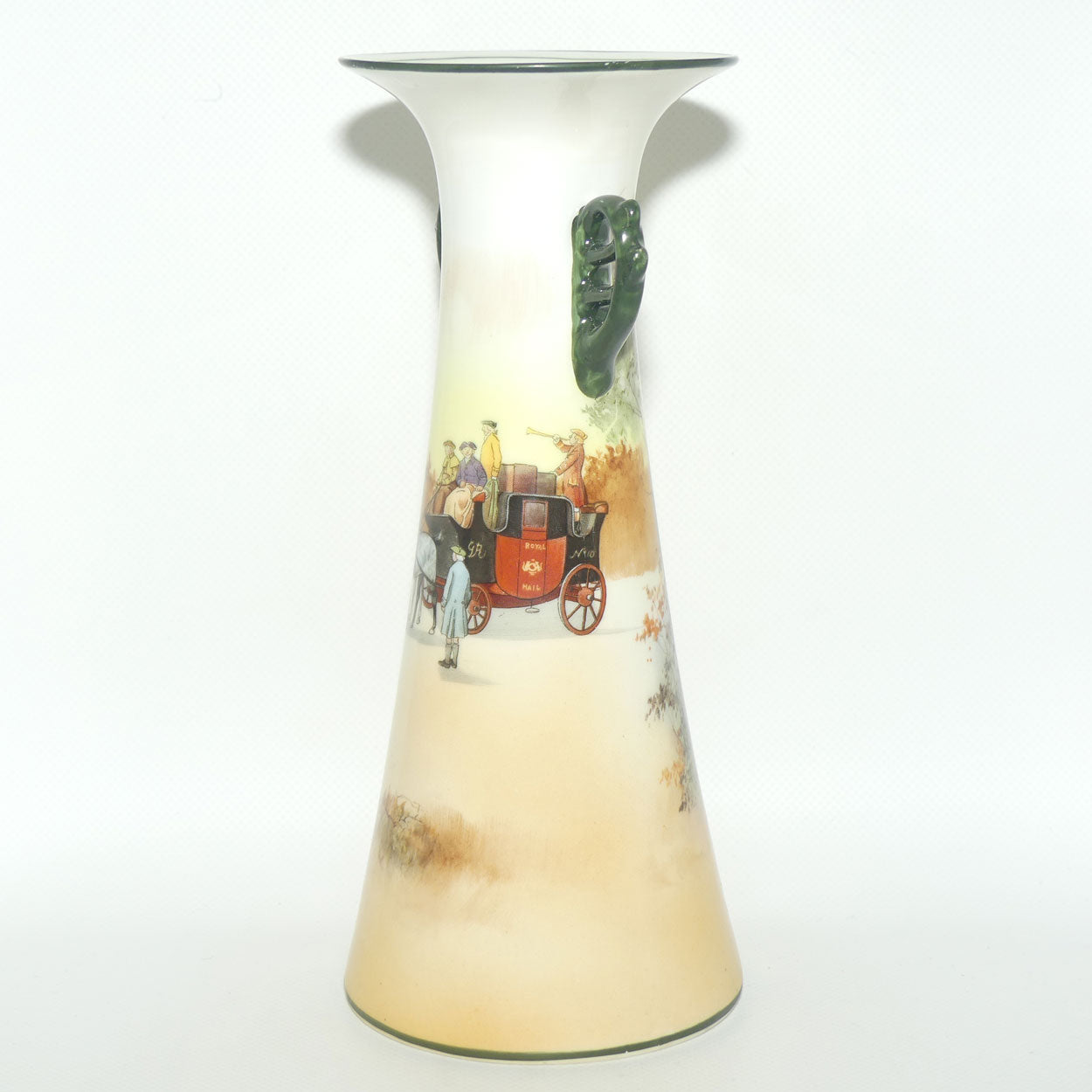 Royal Doulton Coaching Days tall flared mouth twin fancy handle vase E3804