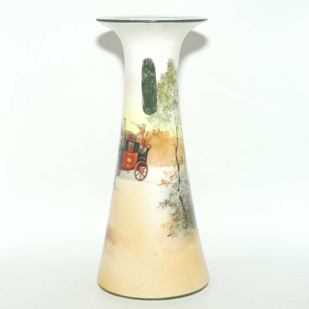 Royal Doulton Coaching Days tall flared mouth twin fancy handle vase E3804