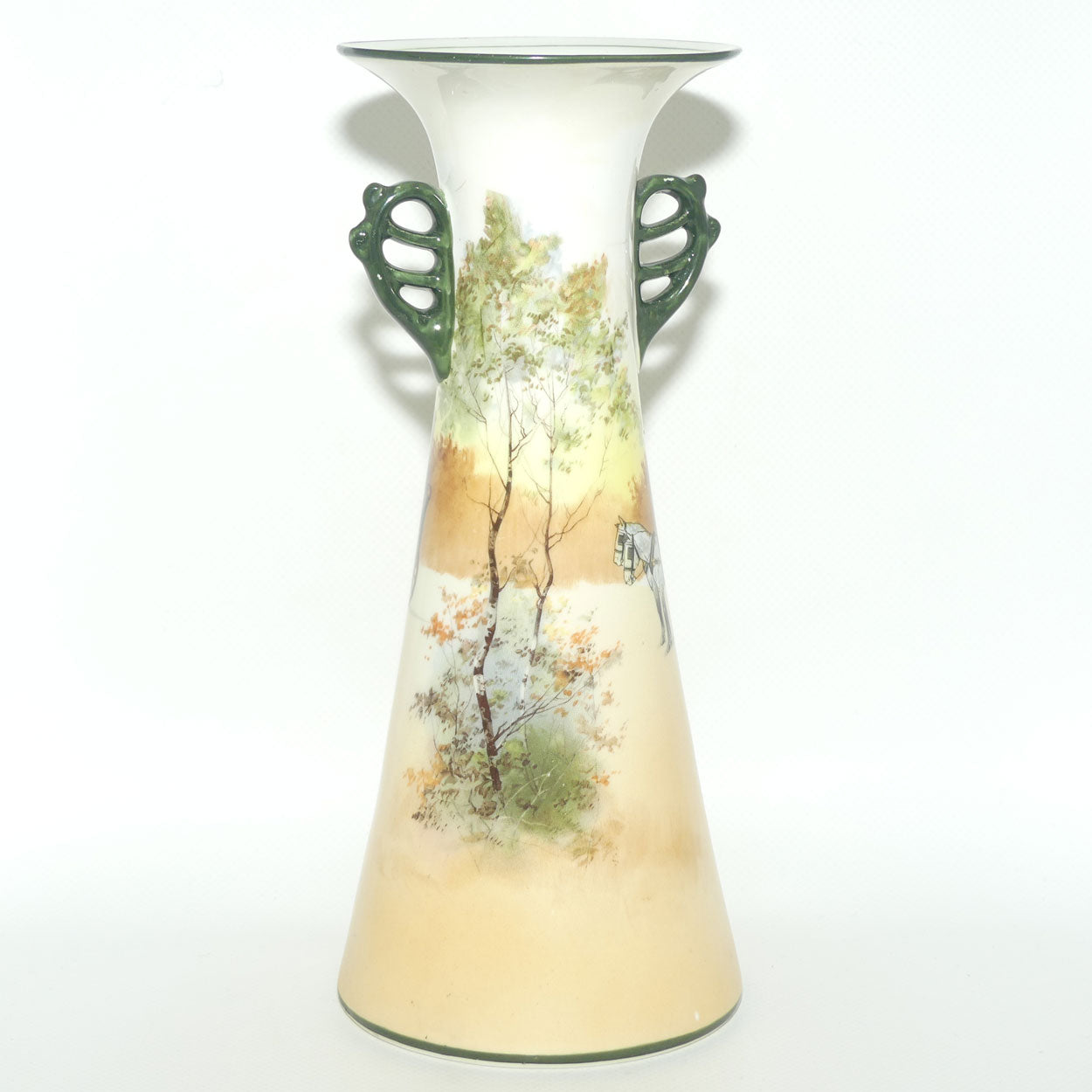 Royal Doulton Coaching Days tall flared mouth twin fancy handle vase E3804