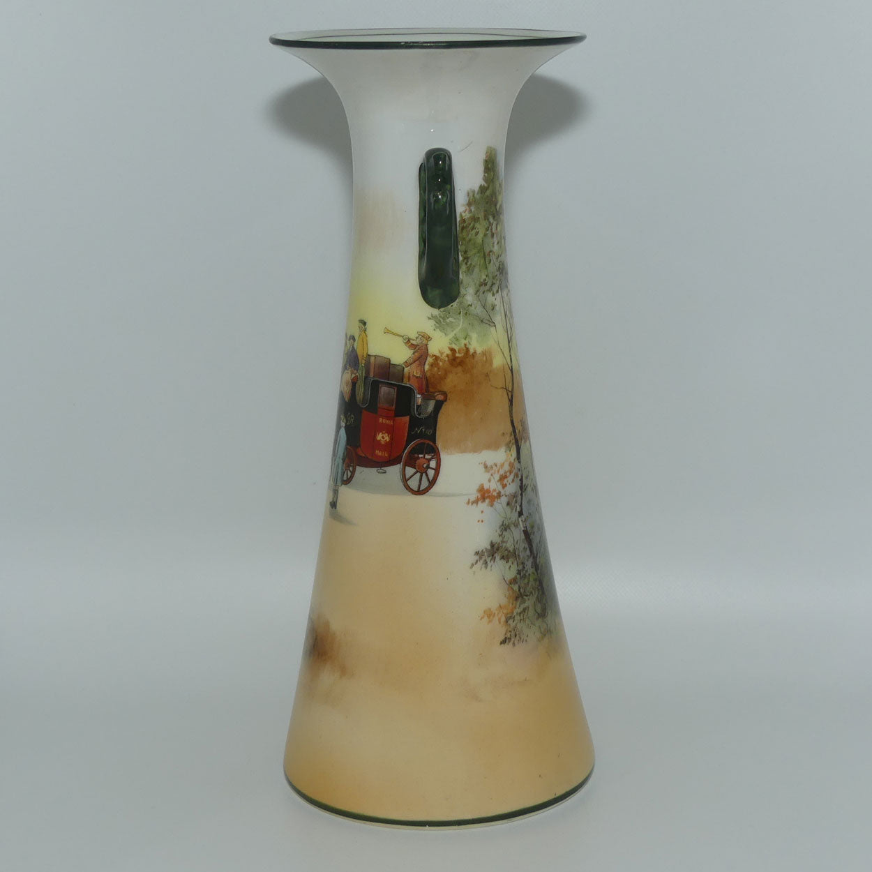 Royal Doulton Coaching Days tall flared mouth twin fancy handle vase E3804