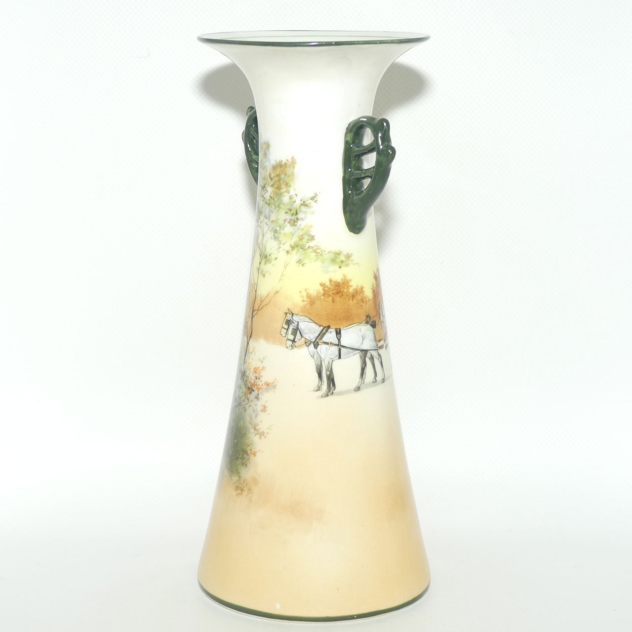 Royal Doulton Coaching Days tall flared mouth twin fancy handle vase E3804