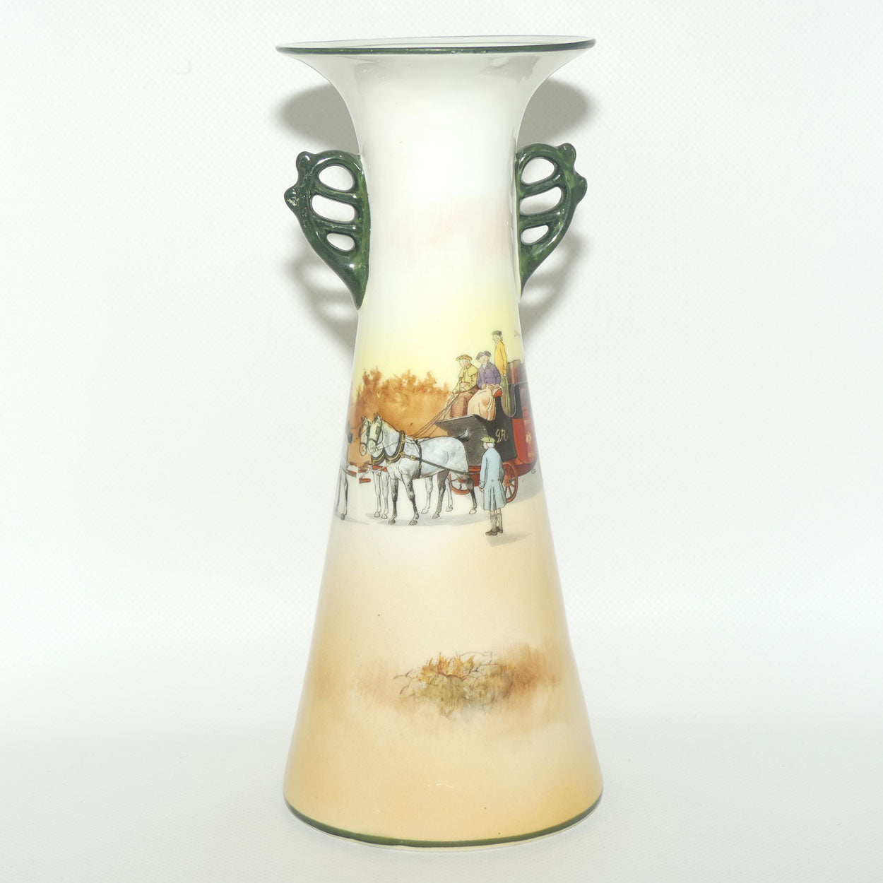 Royal Doulton Coaching Days tall flared mouth twin fancy handle vase E3804
