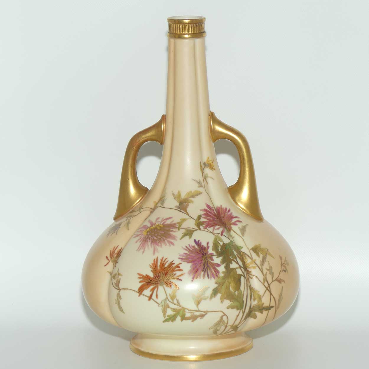 Royal Worcester Blush Ivory hand painted tall narrow neck handled bulbous vase