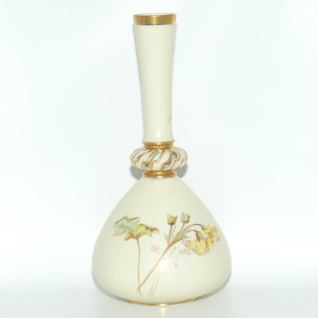Royal Worcester Blush Ivory hand painted tall narrow neck bulbous vase with reticulated neck