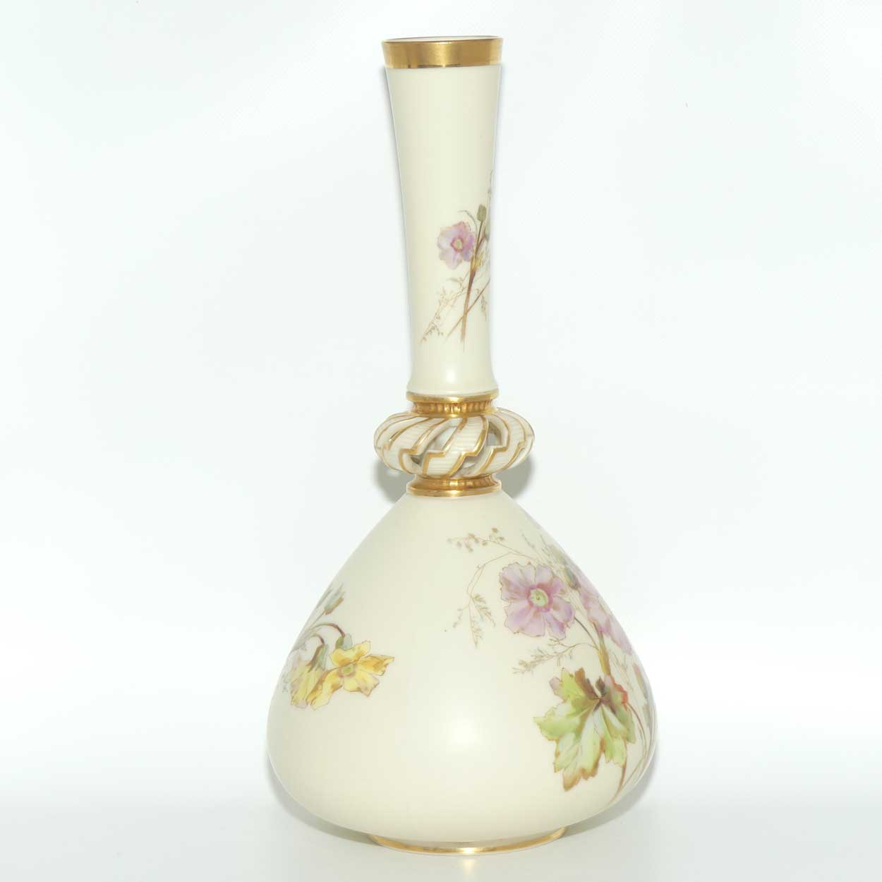 Royal Worcester Blush Ivory hand painted tall narrow neck bulbous vase with reticulated neck