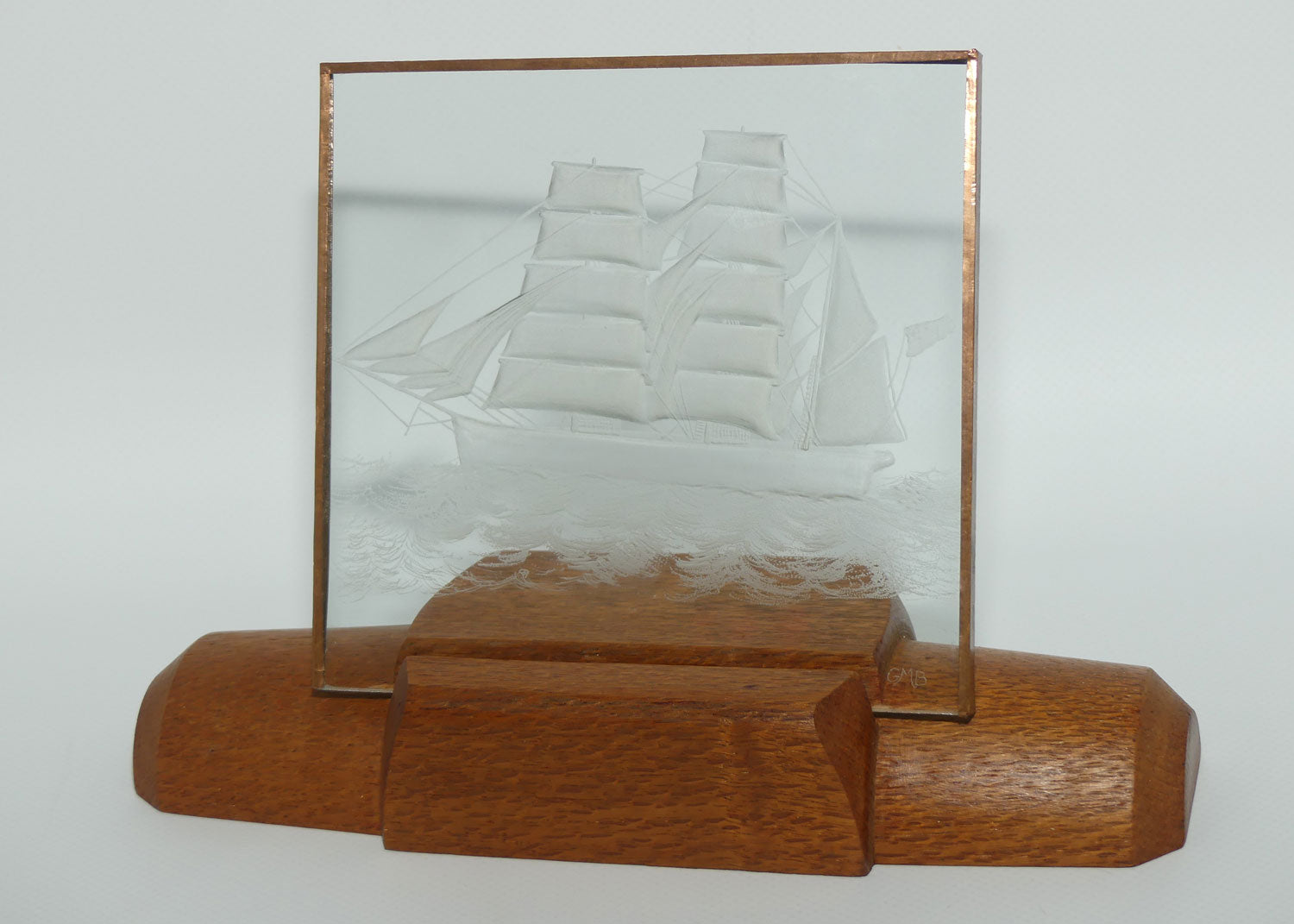 Fine Quality etched and facetted Glass panel with Nautical scene | Tall Ship in Silky Oak frame