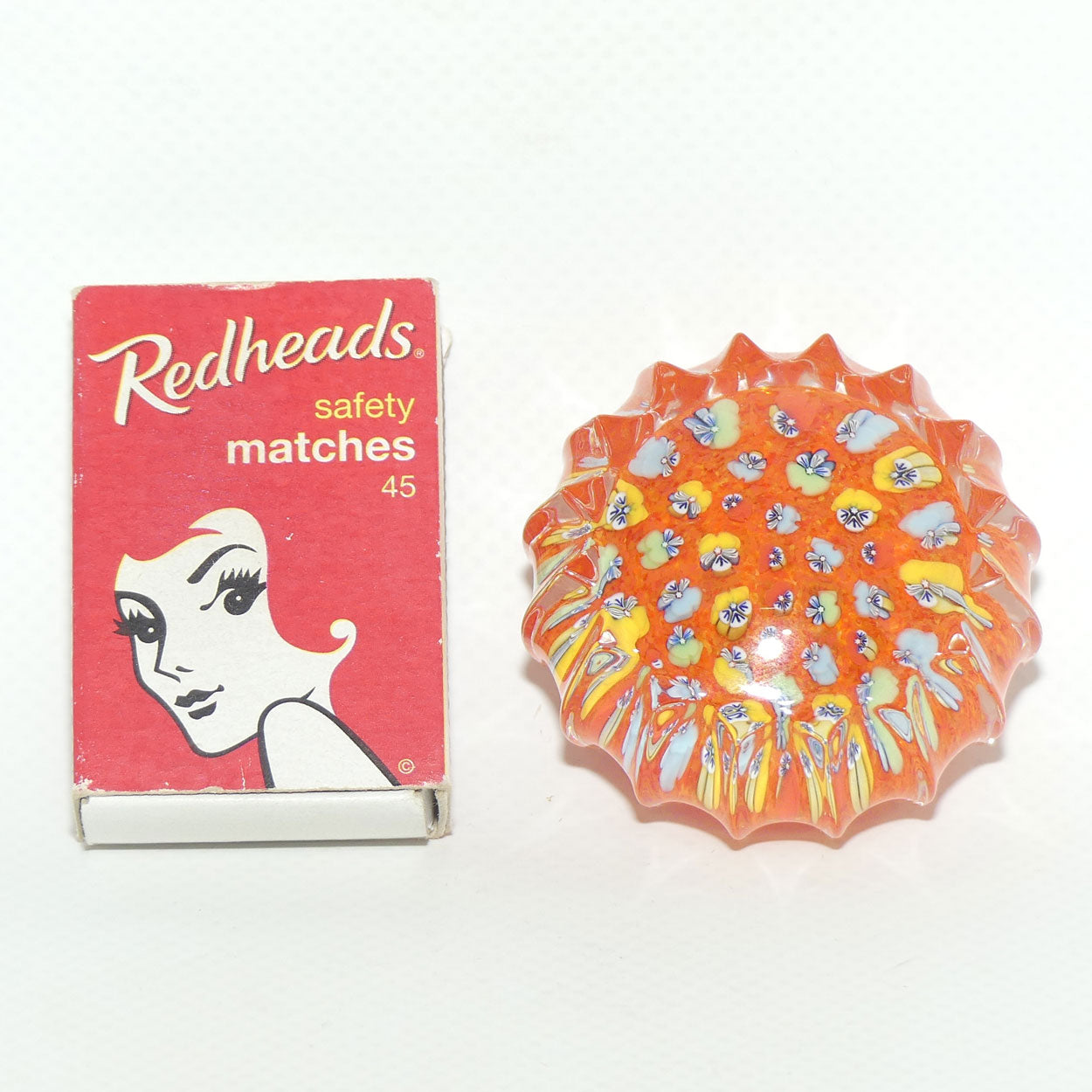 John Deacons Scotland Millefiori Pansy miniature paperweight | Tangerine | Ribbed