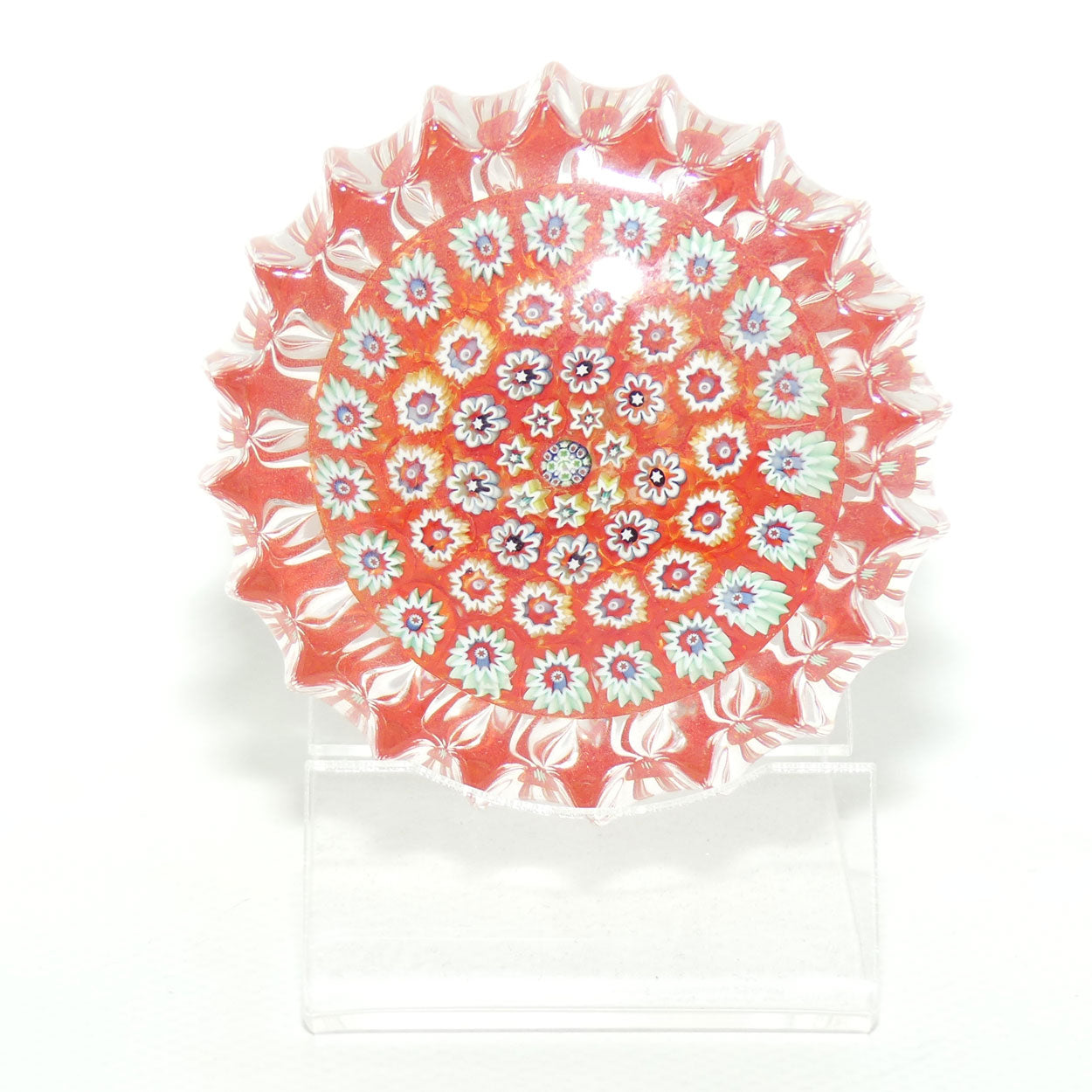 John Deacons Scotland Millefiori Concentric Ribbed paperweight | Tangerine