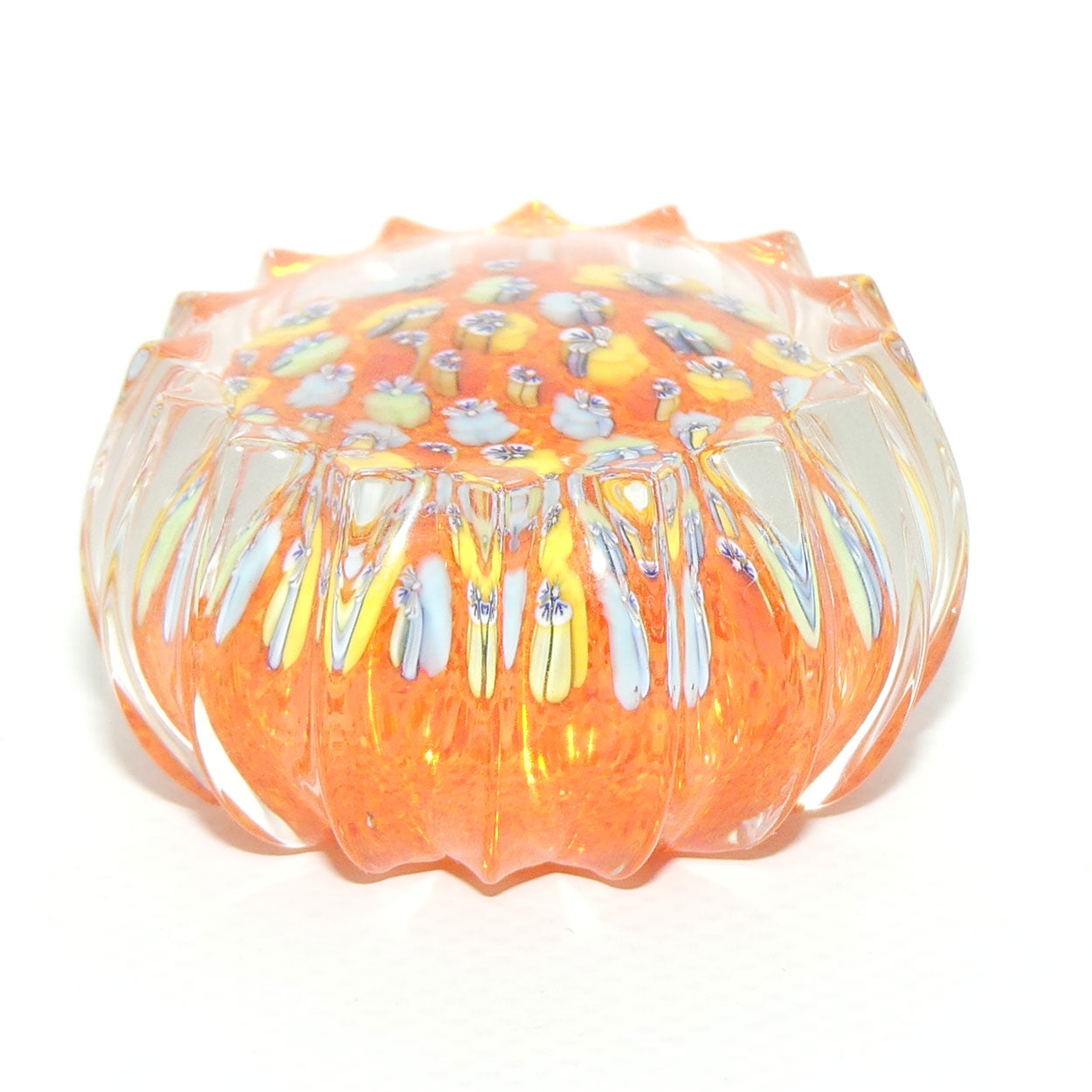 John Deacons Scotland Millefiori Pansy miniature paperweight | Tangerine | Ribbed
