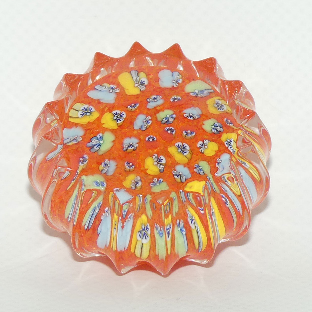John Deacons Scotland Millefiori Pansy miniature paperweight | Tangerine | Ribbed