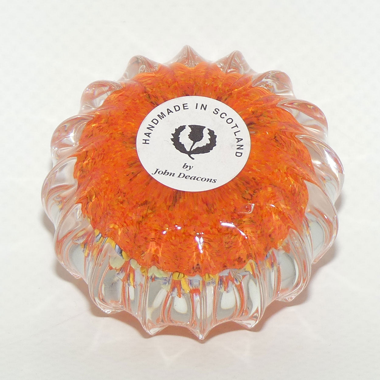 John Deacons Scotland Millefiori Pansy miniature paperweight | Tangerine | Ribbed