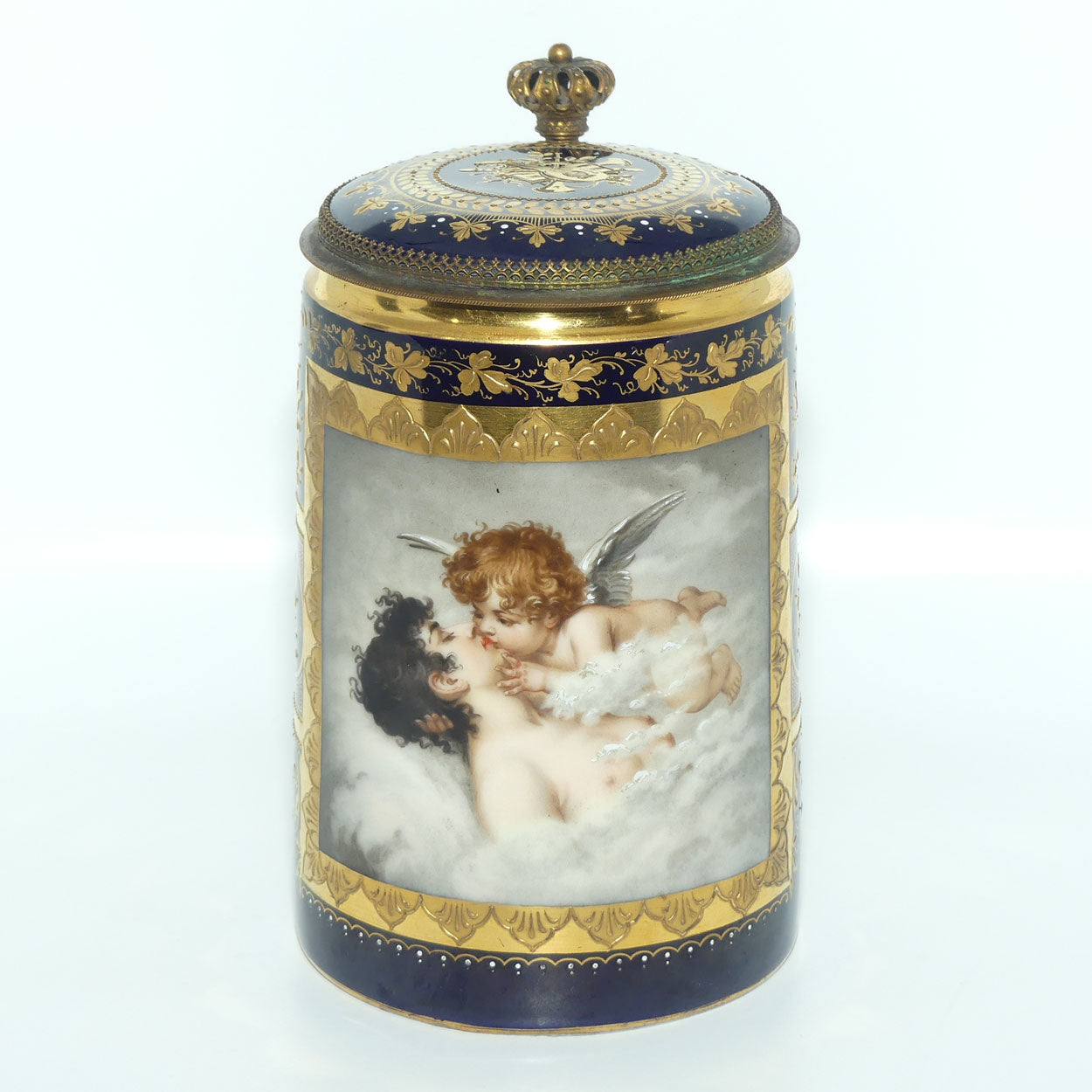 19th Century Royal Vienna tankard with hinged lid | Greek Mythology design with Cupid