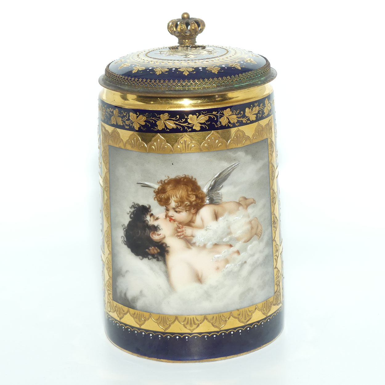 19th Century Royal Vienna tankard with hinged lid | Greek Mythology design with Cupid