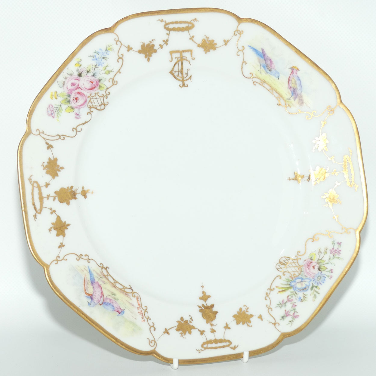 Early Australian China Painted plate decorated with Birds and crested initials | 26cm | #1 | by Ethel L Thomas 1910