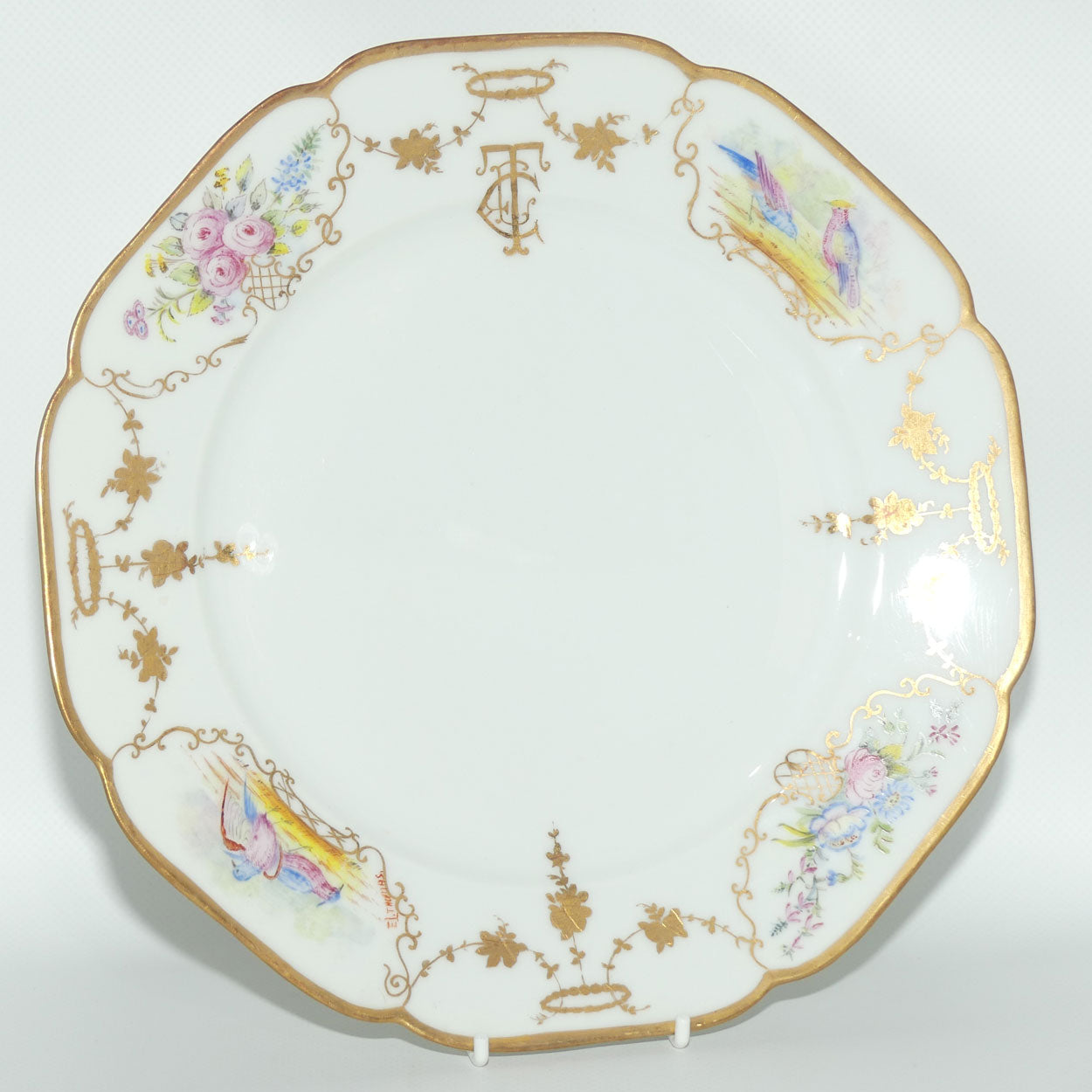 Early Australian China Painted plate decorated with Birds and crested initials | 26cm | #2 | by Ethel L Thomas 1910