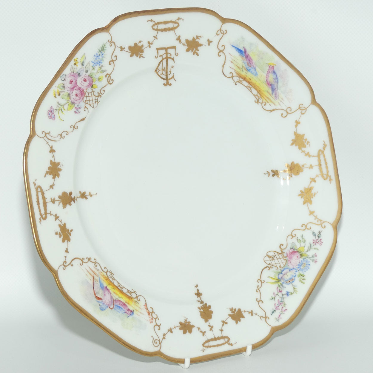 Early Australian China Painted plate decorated with Birds and crested initials | 26cm | #2 | by Ethel L Thomas 1910