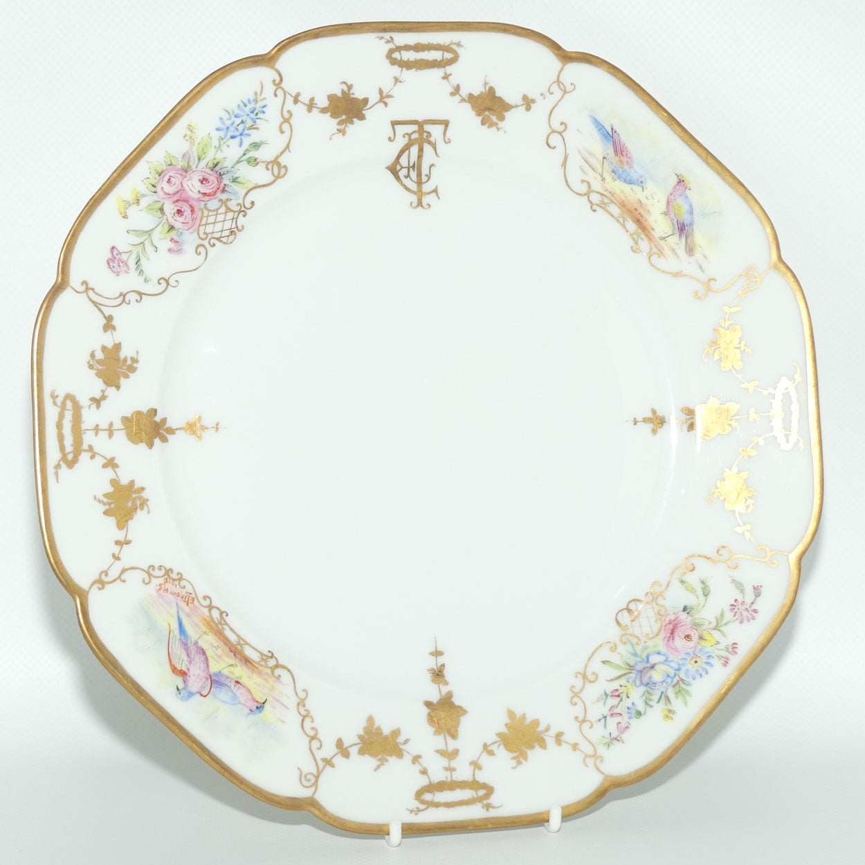 Early Australian China Painted plate decorated with Birds and crested initials | 26cm | #3 | by Ethel L Thomas 1910