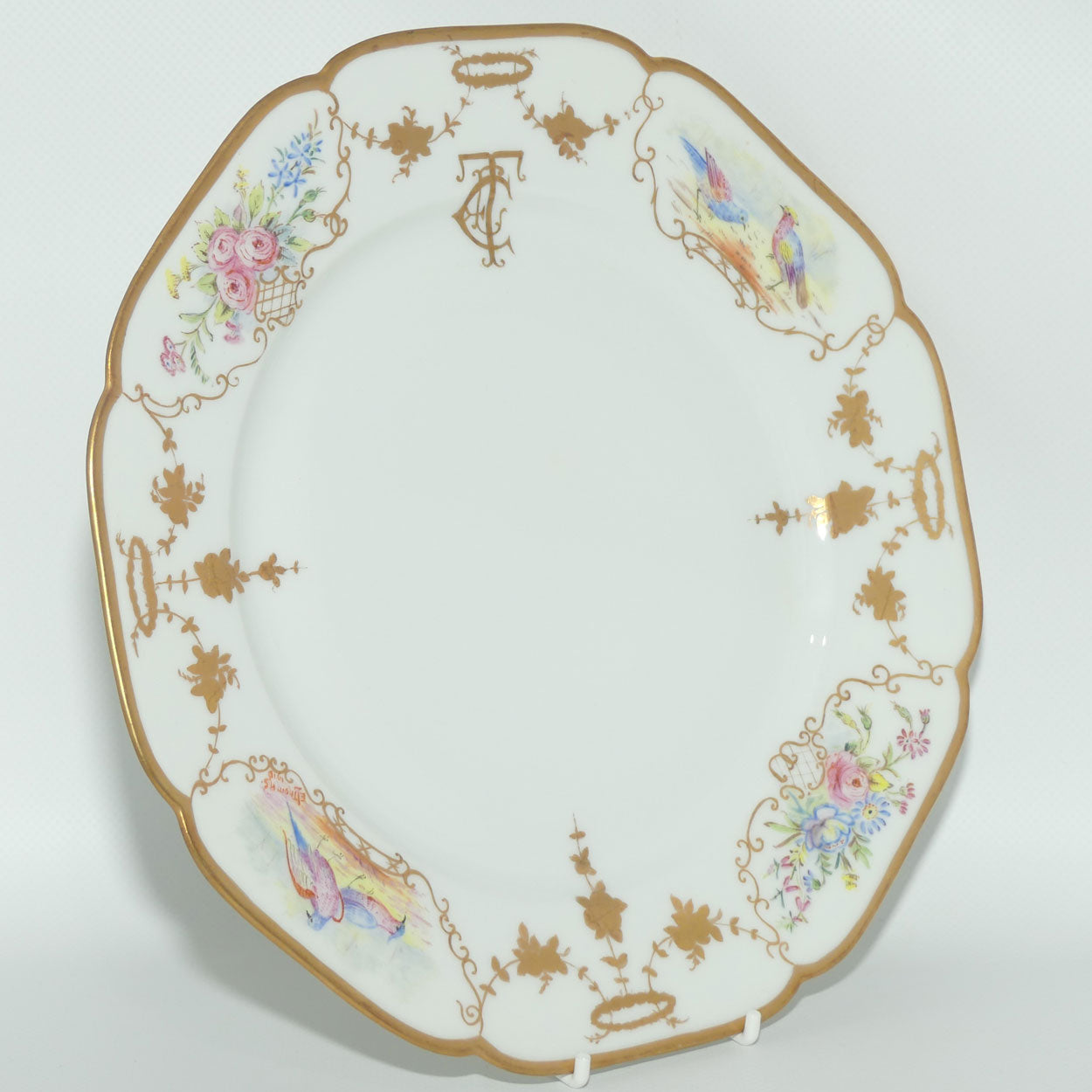 Early Australian China Painted plate decorated with Birds and crested initials | 26cm | #3 | by Ethel L Thomas 1910