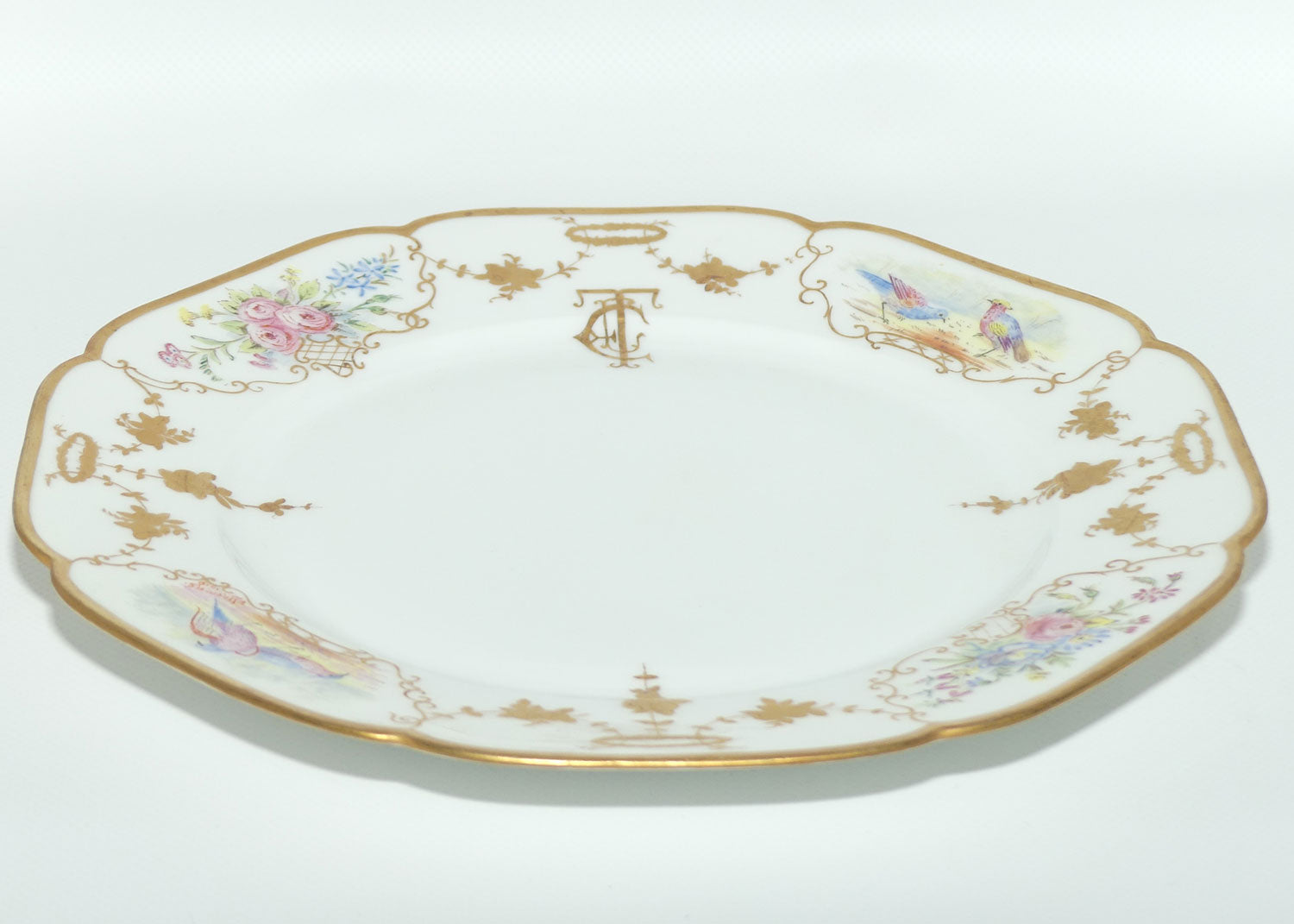 Early Australian China Painted plate decorated with Birds and crested initials | 26cm | #3 | by Ethel L Thomas 1910