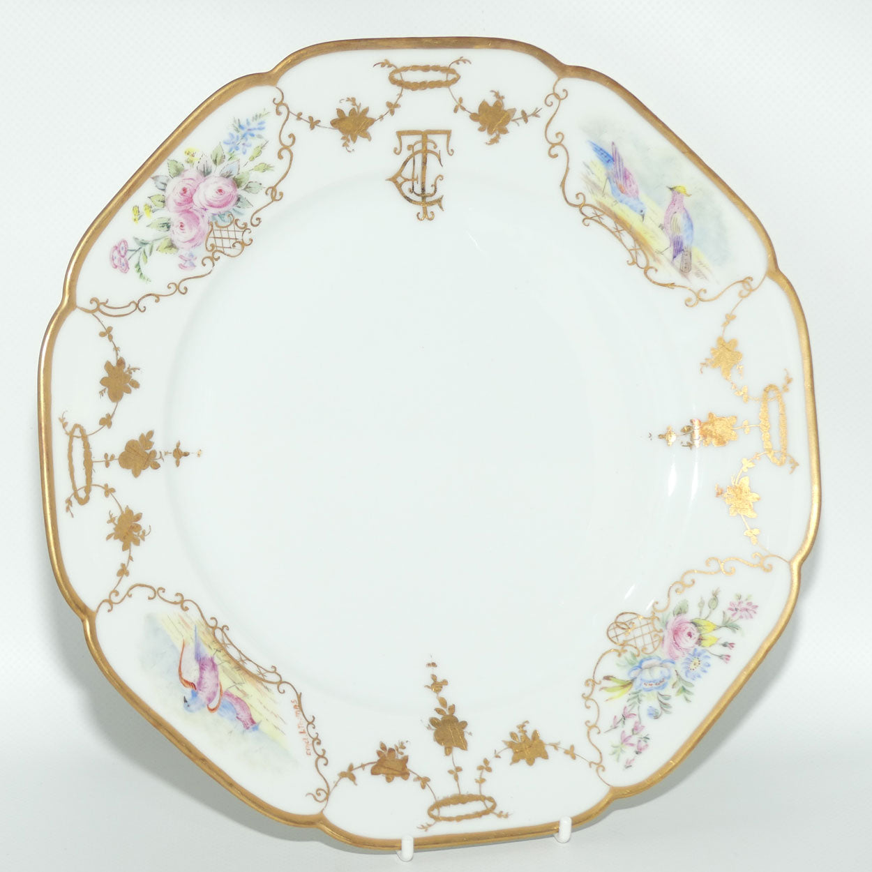 Early Australian China Painted plate decorated with Birds and crested initials | 26cm | #4 | by Ethel L Thomas 1910