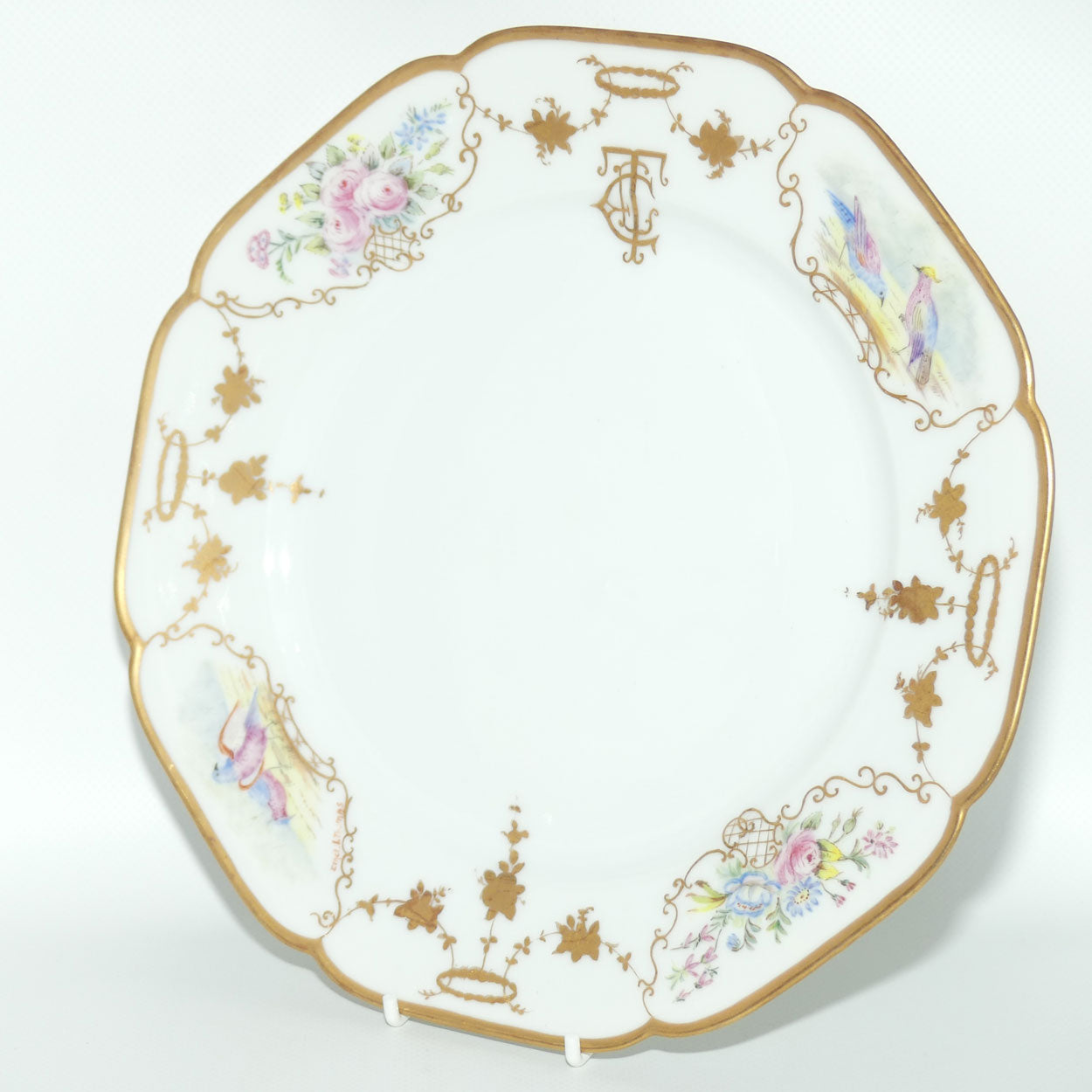 Early Australian China Painted plate decorated with Birds and crested initials | 26cm | #4 | by Ethel L Thomas 1910