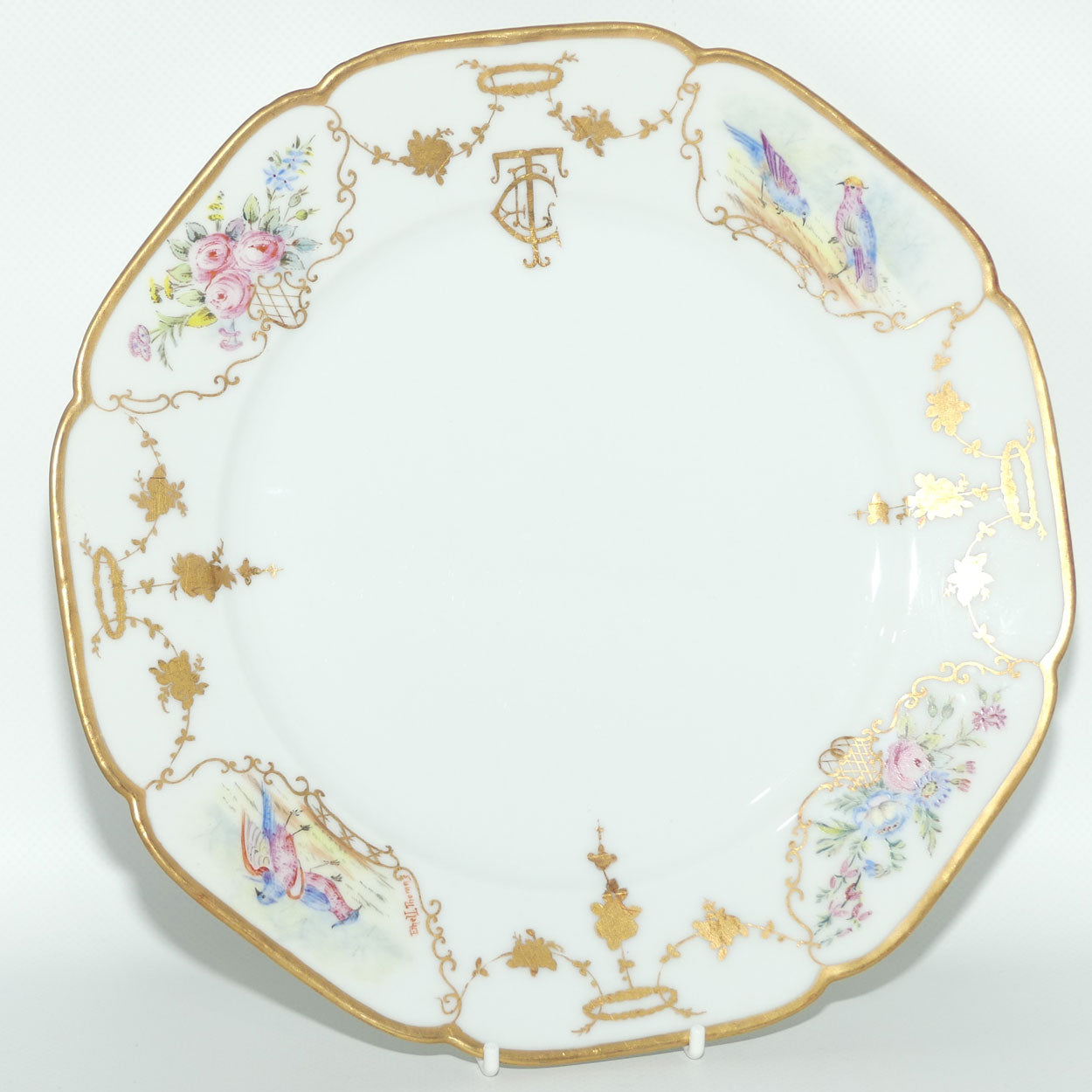 Early Australian China Painted plate decorated with Birds and crested initials | 26cm | #5 | by Ethel L Thomas 1910