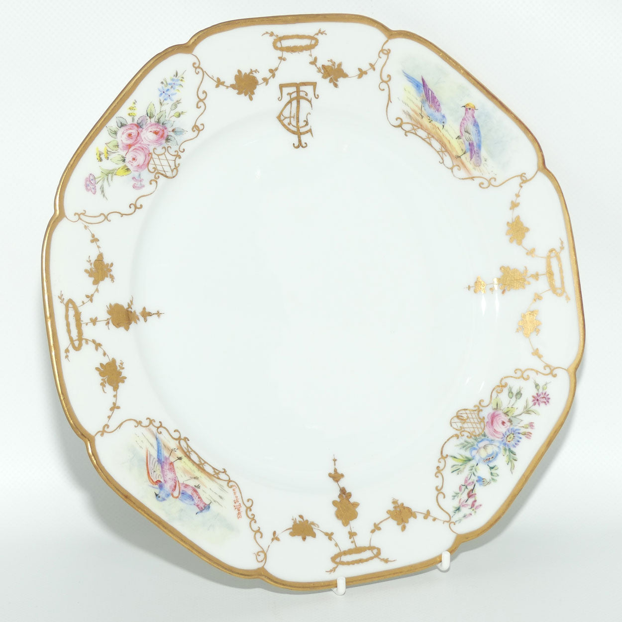 Early Australian China Painted plate decorated with Birds and crested initials | 26cm | #5 | by Ethel L Thomas 1910