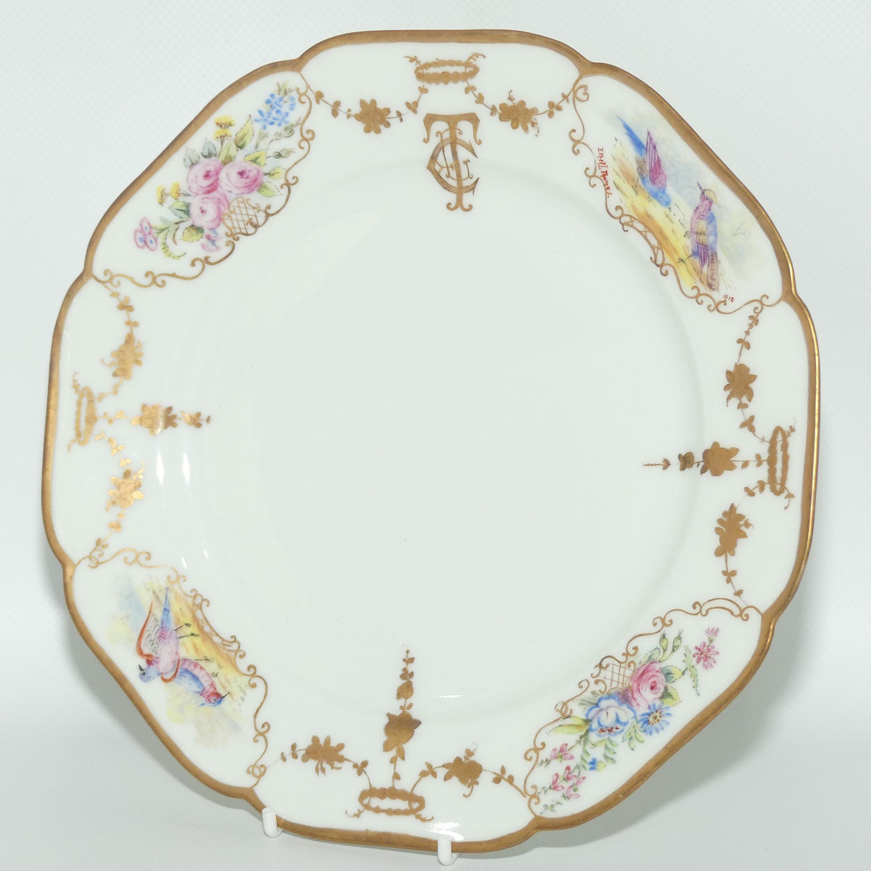 Early Australian China Painted plate decorated with Birds and crested initials | 22.5cm | #1 | by Ethel L Thomas 1910