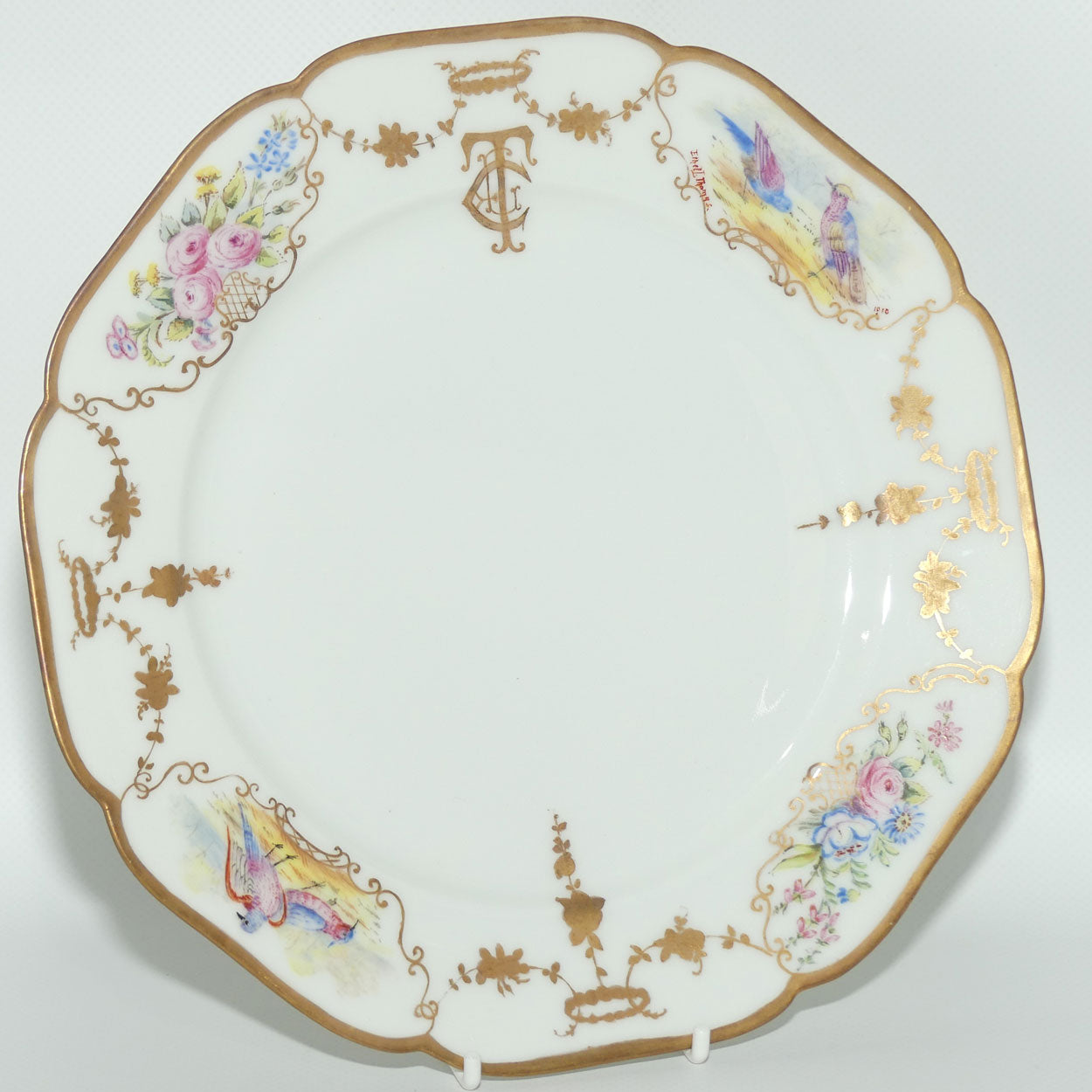 Early Australian China Painted plate decorated with Birds and crested initials | 22.5cm | #1 | by Ethel L Thomas 1910