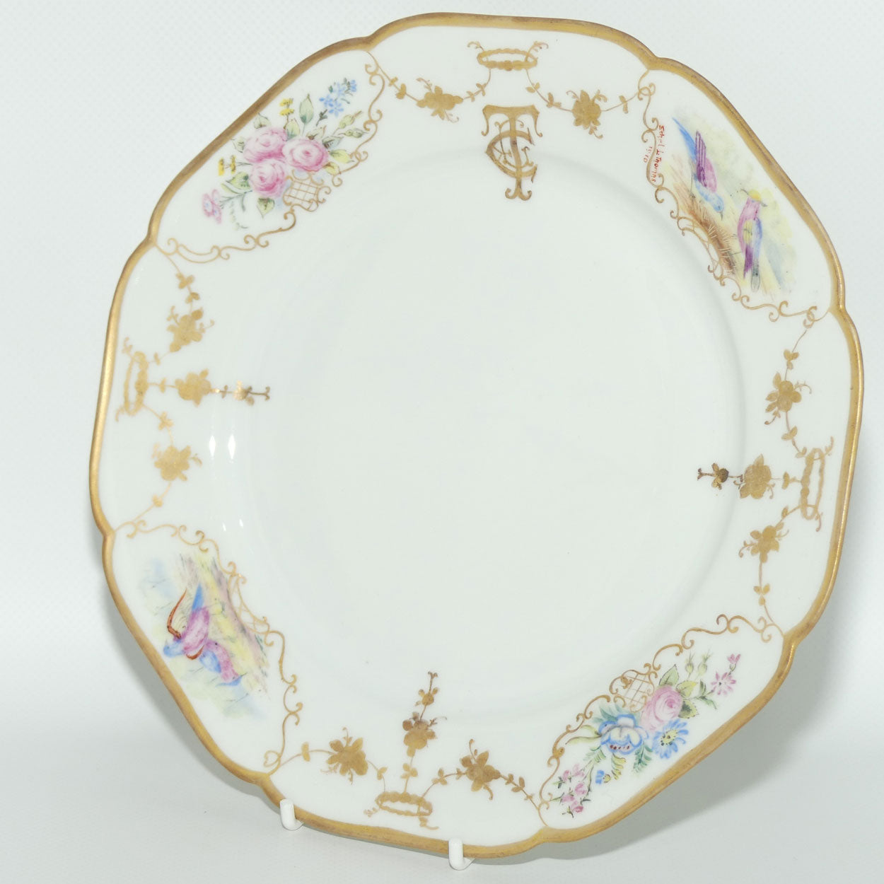 Early Australian China Painted plate decorated with Birds and crested initials | 22.5cm | #3 | by Ethel L Thomas 1910
