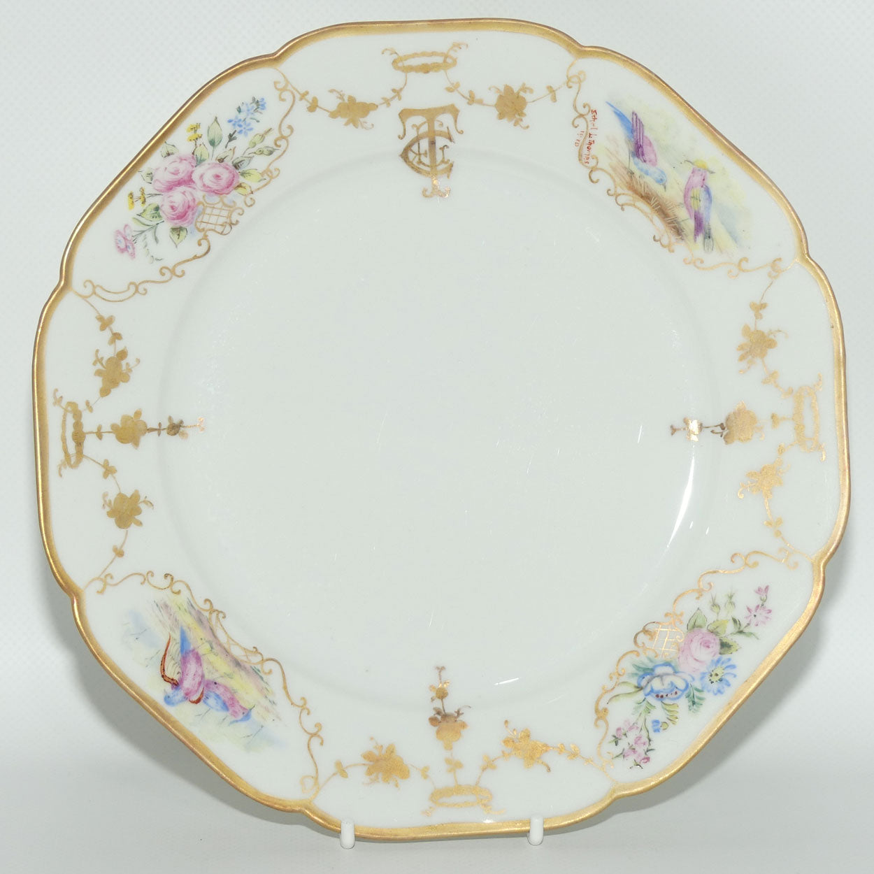 Early Australian China Painted plate decorated with Birds and crested initials | 22.5cm | #3 | by Ethel L Thomas 1910