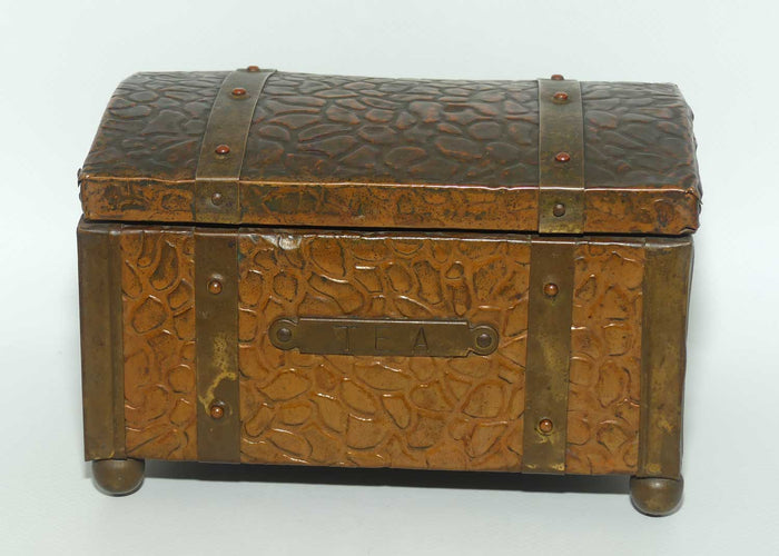 Arts and Crafts era Beaten Copper Tea Caddy in the shape of Treasure Chest