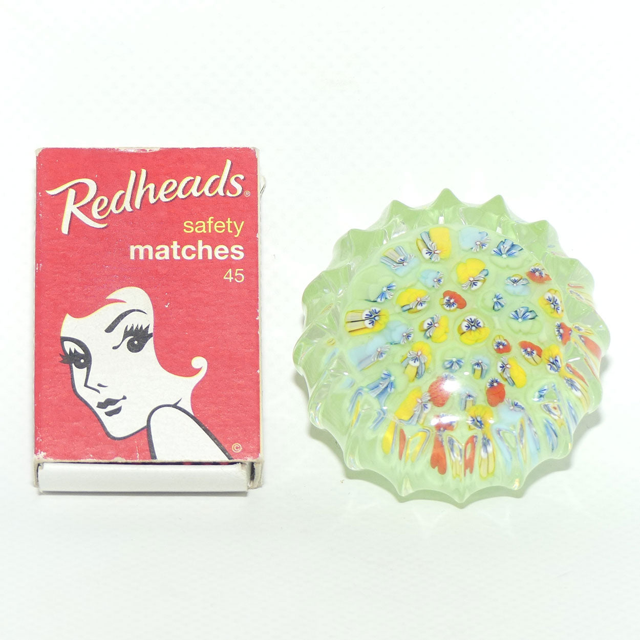 John Deacons Scotland Millefiori Pansy miniature paperweight | Tea Green | Ribbed