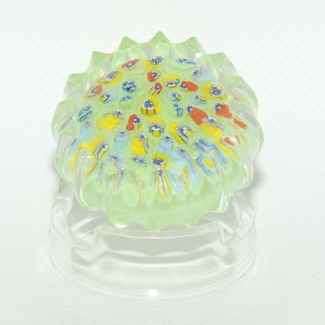 John Deacons Scotland Millefiori Pansy miniature paperweight | Tea Green | Ribbed