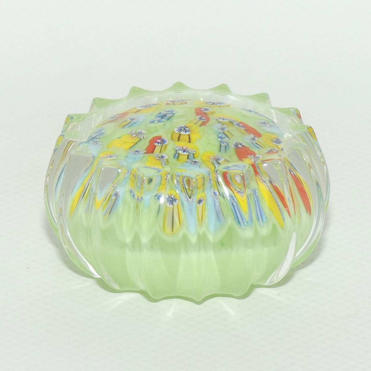 John Deacons Scotland Millefiori Pansy miniature paperweight | Tea Green | Ribbed