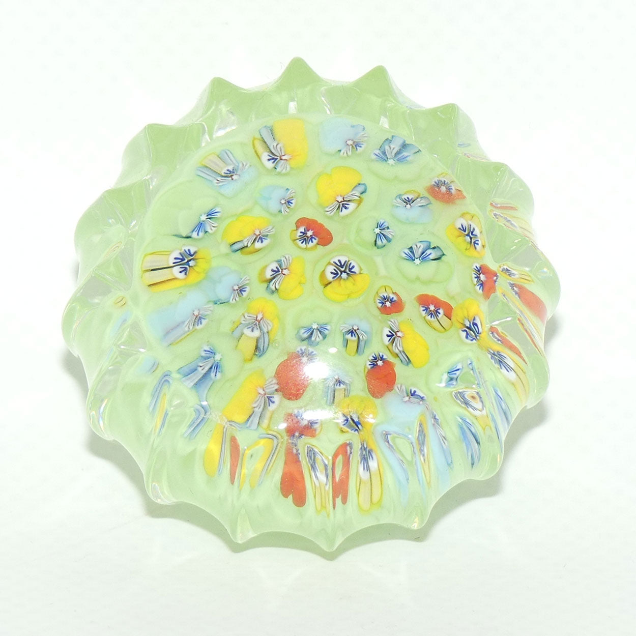 John Deacons Scotland Millefiori Pansy miniature paperweight | Tea Green | Ribbed