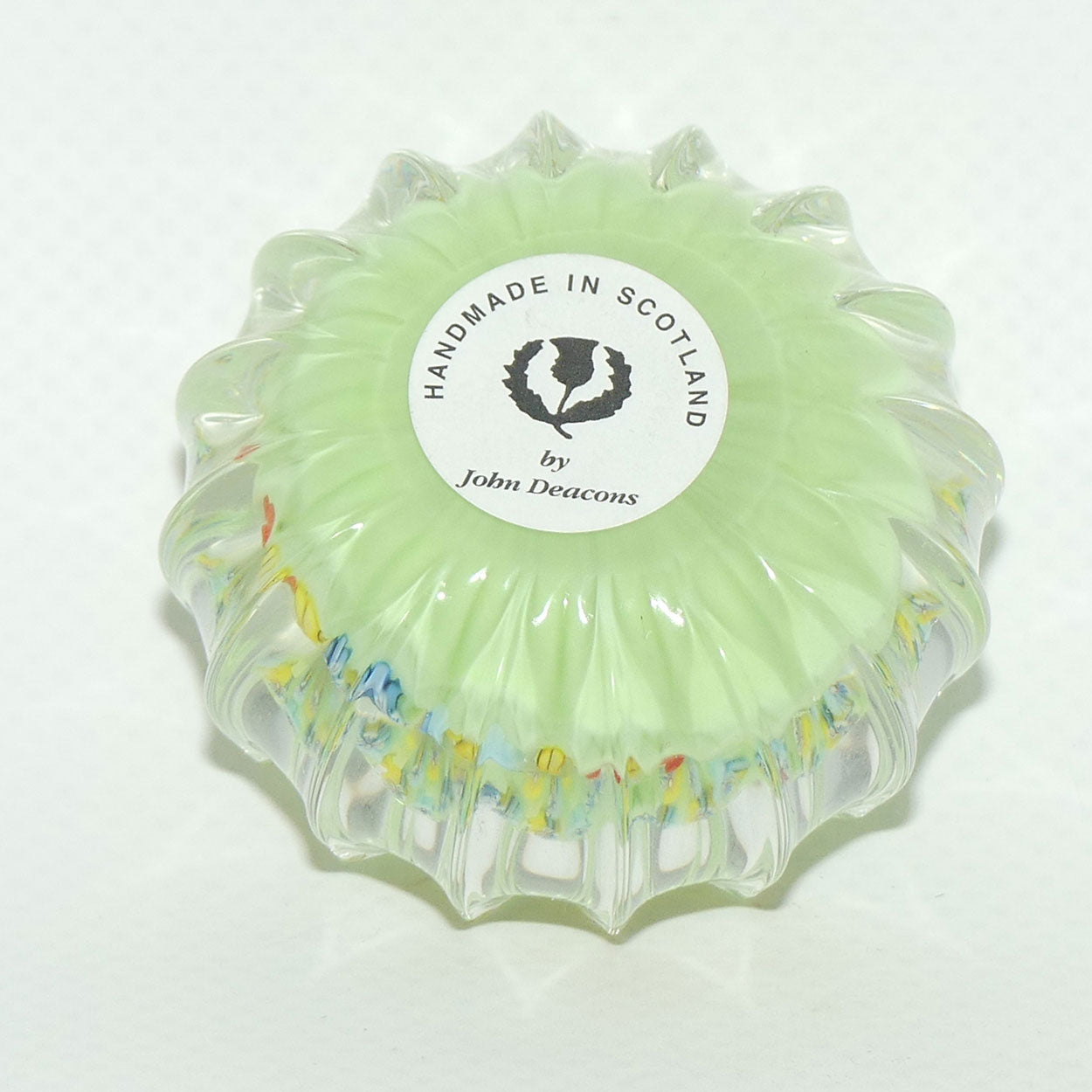 John Deacons Scotland Millefiori Pansy miniature paperweight | Tea Green | Ribbed