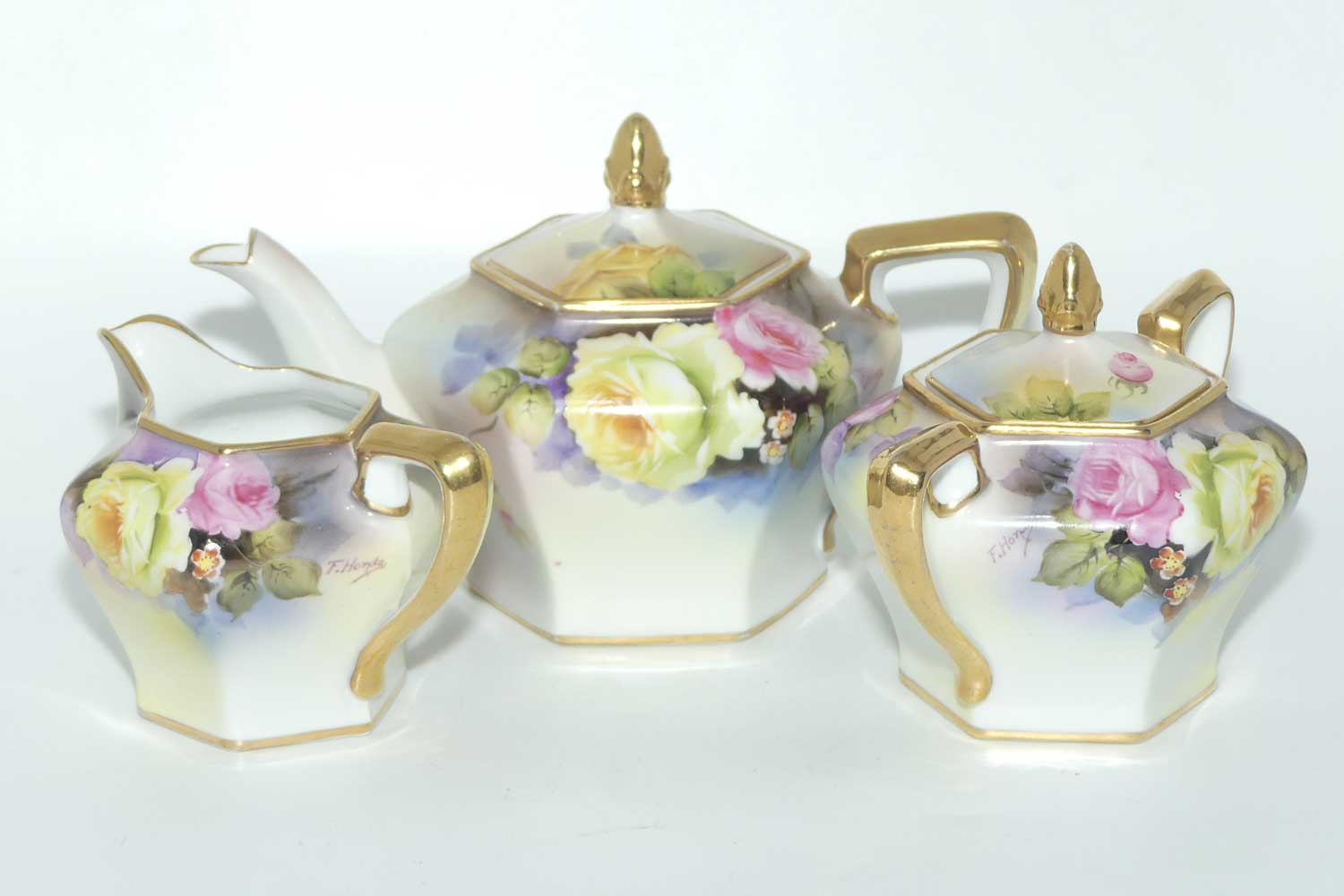 early Noritake Hand Painted by F Honda 3 piece floral decorated tea pot set