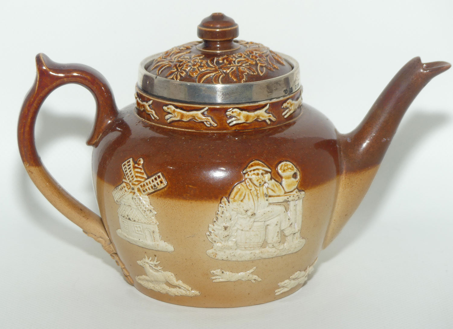 Doulton Lambeth Harvest Hunting Tea Pot with Sterling Silver rim | London 1892