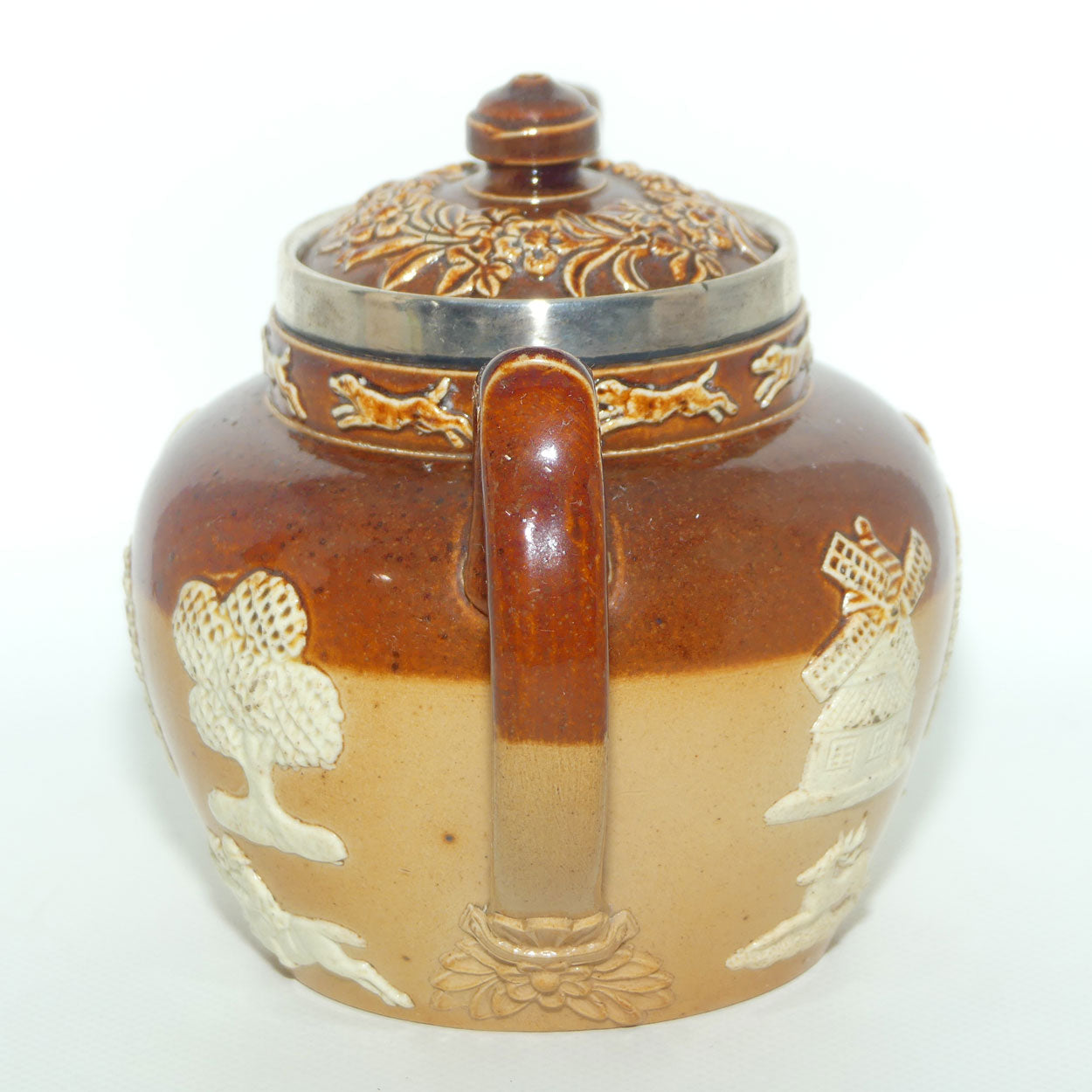 Doulton Lambeth Harvest Hunting Tea Pot with Sterling Silver rim | London 1892