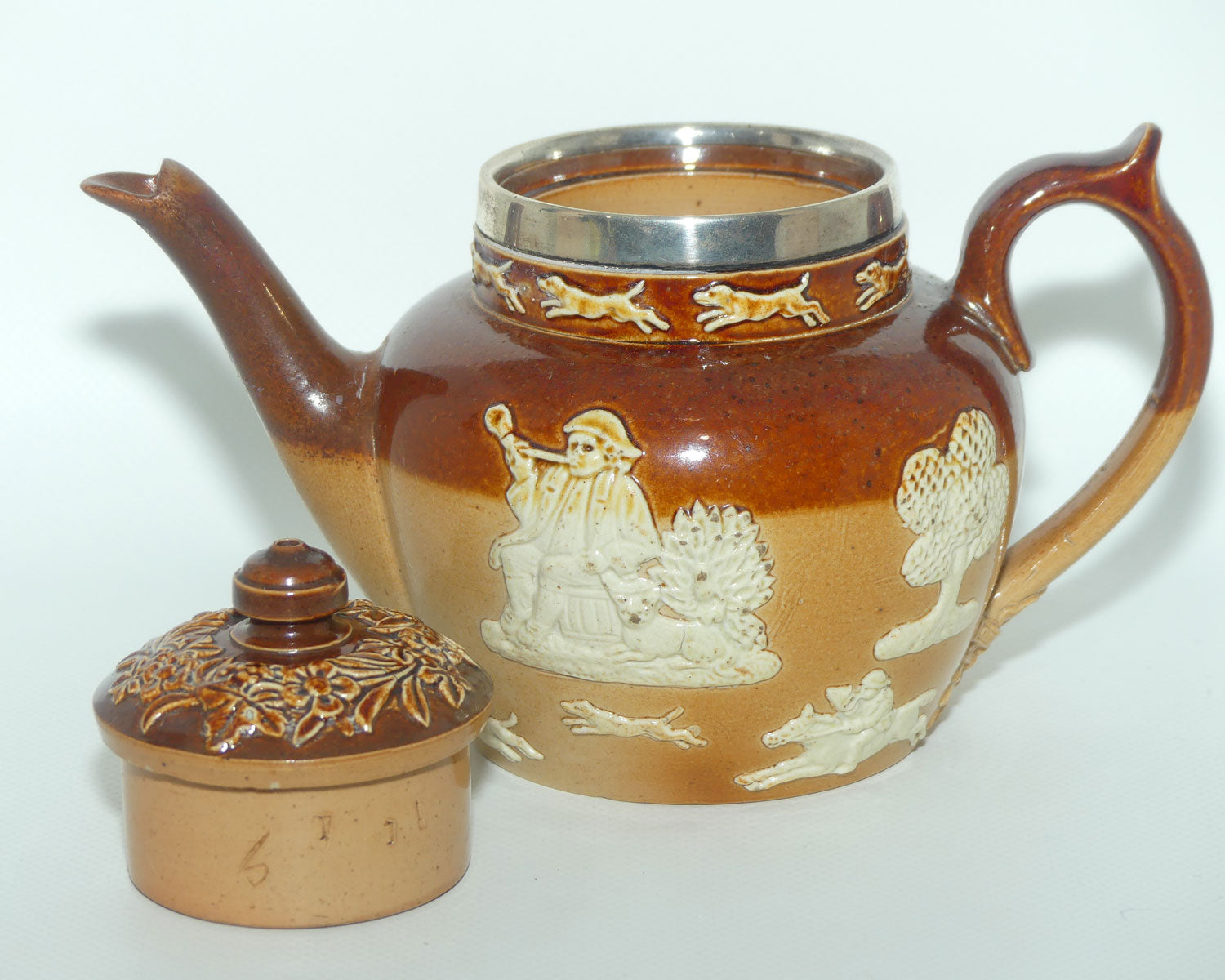 Doulton Lambeth Harvest Hunting Tea Pot with Sterling Silver rim | London 1892