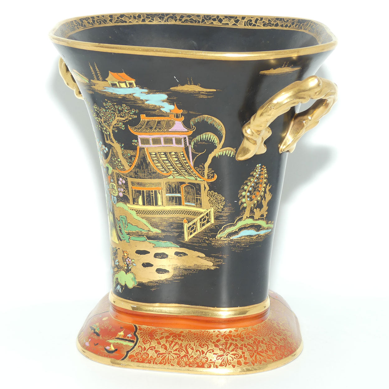 W & R Carlton Ware Temple pattern on Black Ground Don twin handle vase | Red Band on Foot