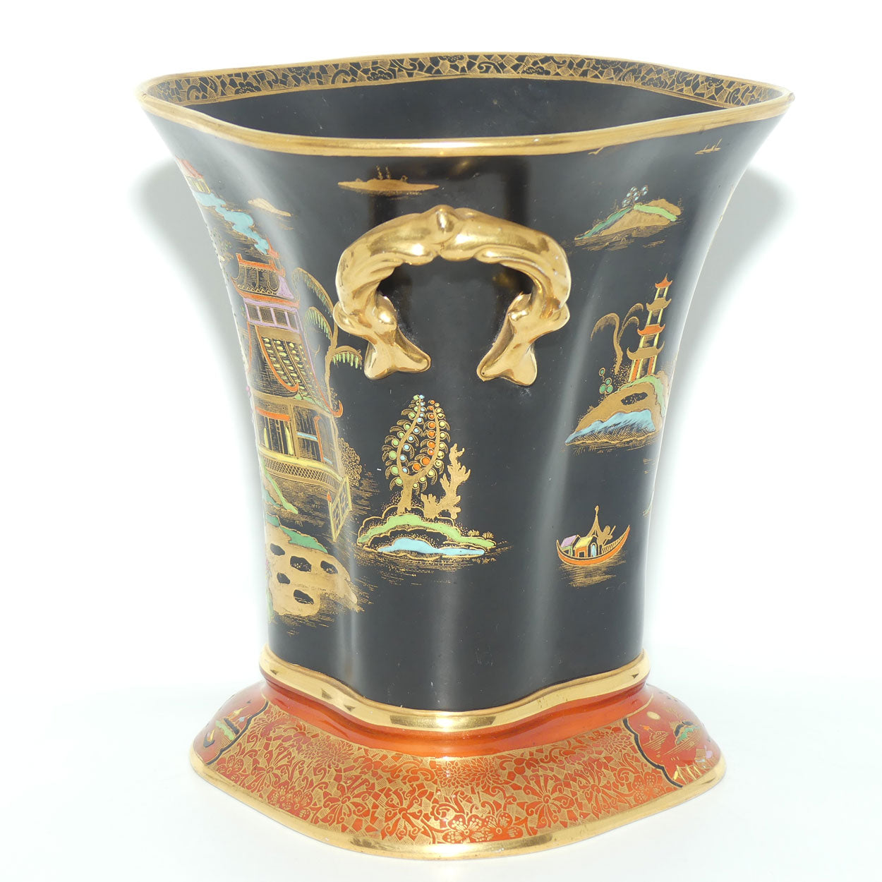 W & R Carlton Ware Temple pattern on Black Ground Don twin handle vase | Red Band on Foot