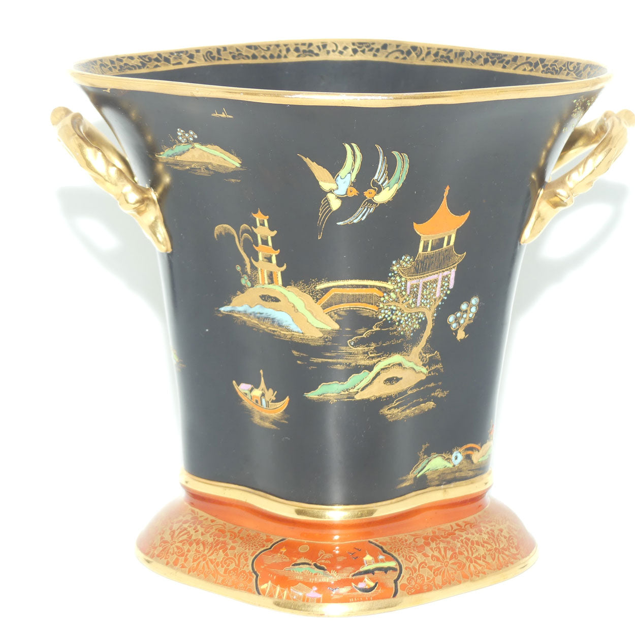 W & R Carlton Ware Temple pattern on Black Ground Don twin handle vase | Red Band on Foot