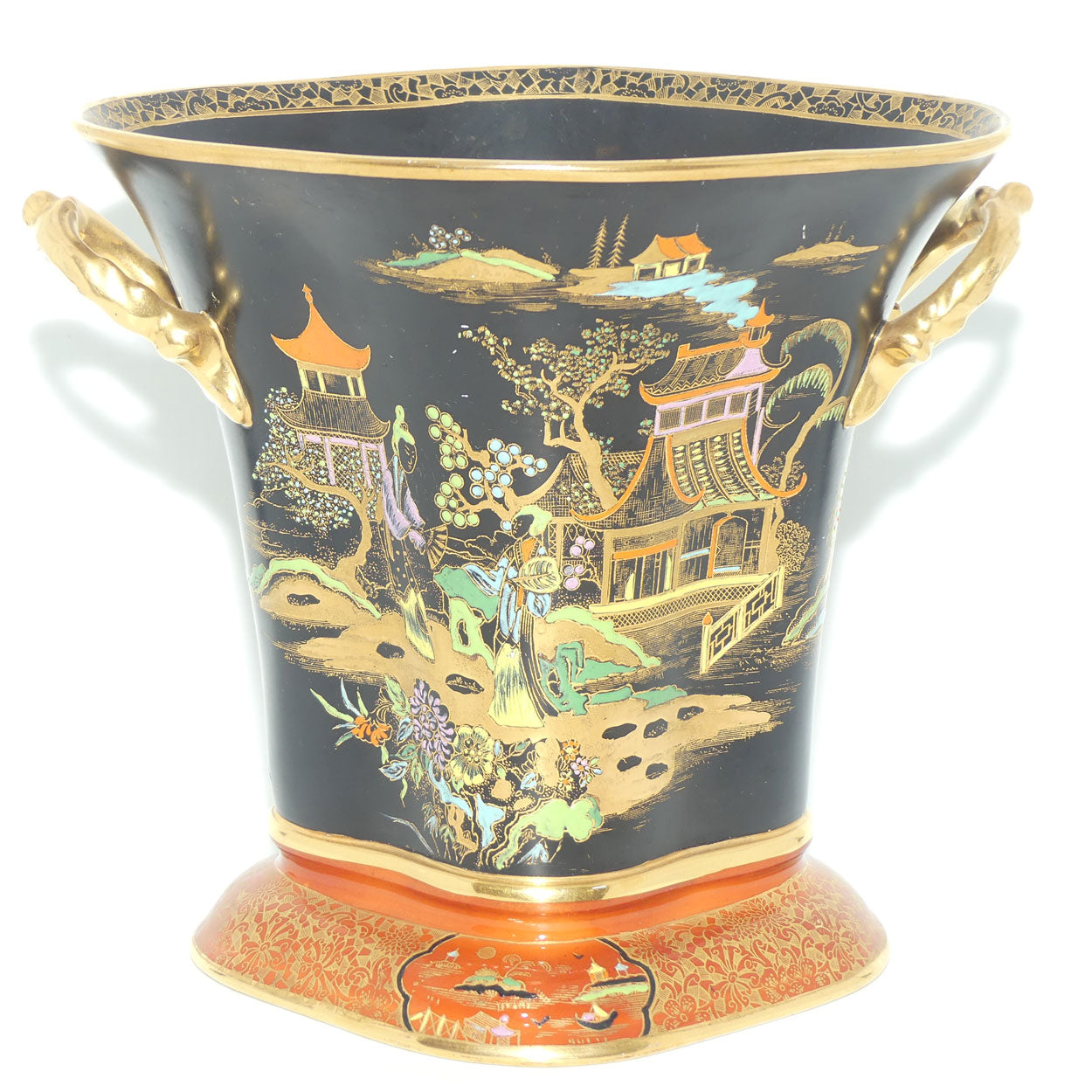 W & R Carlton Ware Temple pattern on Black Ground Don twin handle vase | Red Band on Foot