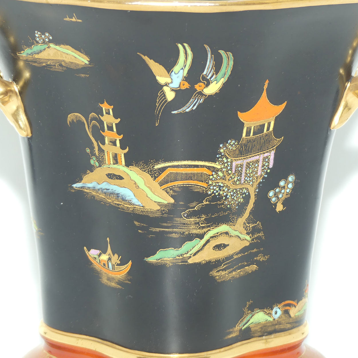 W & R Carlton Ware Temple pattern on Black Ground Don twin handle vase | Red Band on Foot