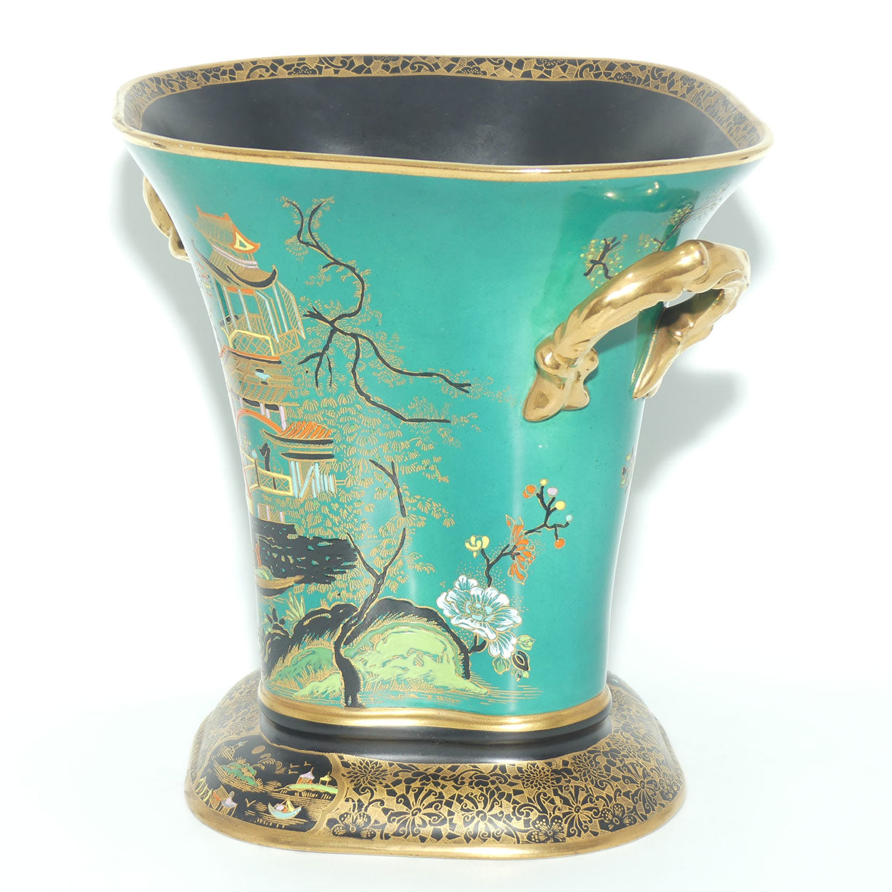 W & R Carlton Ware Temple pattern on Green Ground Don twin handle vase